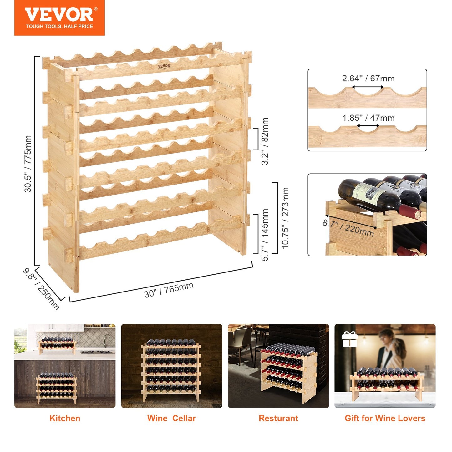 48 Bottle Stackable Modular Wine Rack, 6-Tier Solid Bamboo Wood Storage Racks, Floor Freestanding Wines Holder Display Shelf, Wobble-Free Shelves for Kitchen, Bar, and Cellar (Natural Color)