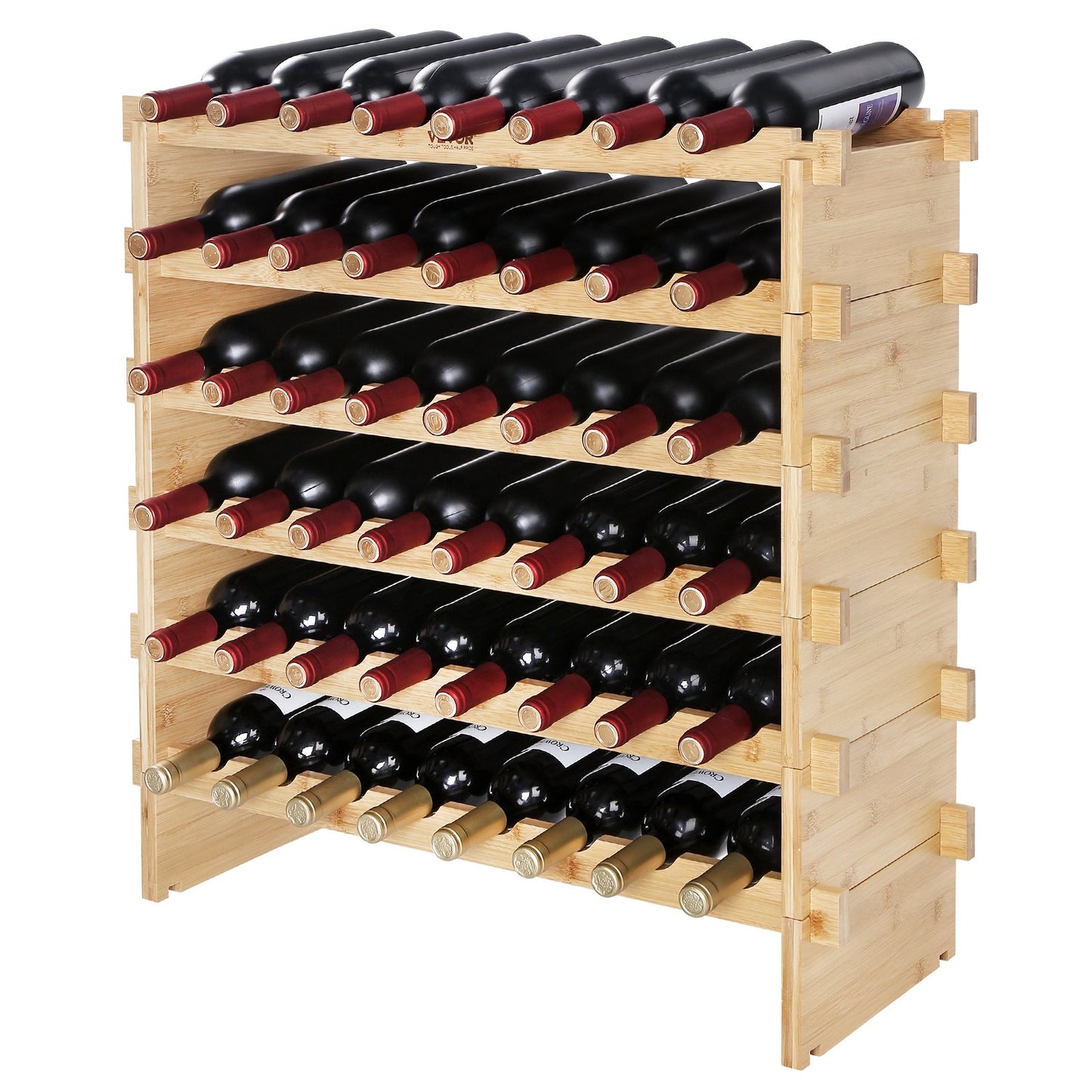48 Bottle Stackable Modular Wine Rack, 6-Tier Solid Bamboo Wood Storage Racks, Floor Freestanding Wines Holder Display Shelf, Wobble-Free Shelves for Kitchen, Bar, and Cellar (Natural Color)