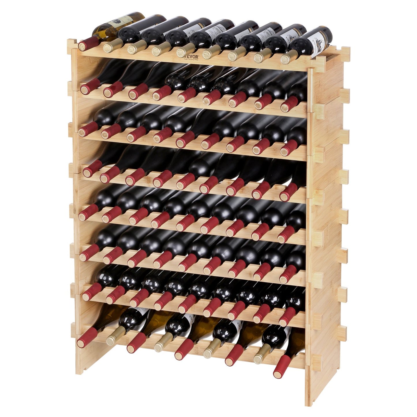 72 Bottle Stackable Modular Wine Rack, 8-Tier Solid Bamboo Wood Storage Racks, Floor Freestanding Wines Holder Display Shelf, Wobble-Free Shelves for Kitchen, Bar, and Cellar (Natural Color)