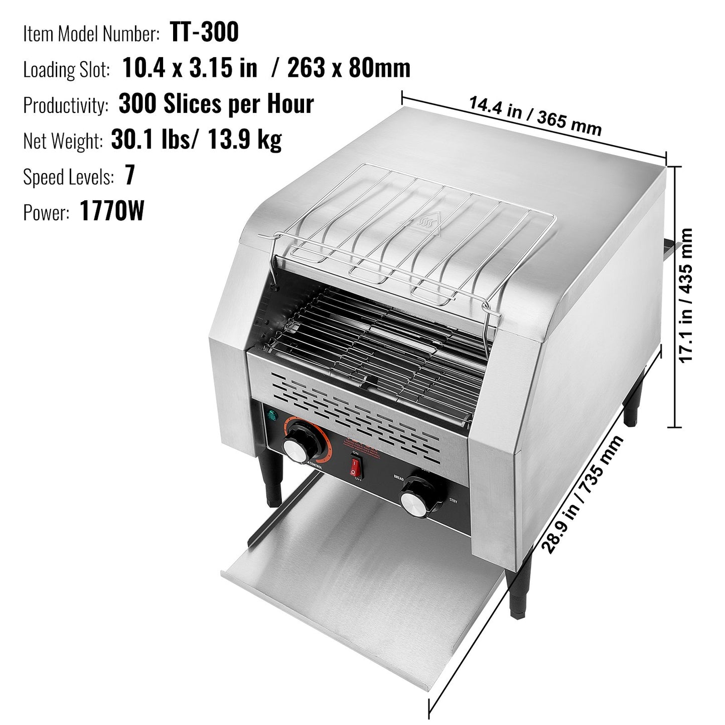 Commercial Conveyor Toaster, 300 Slices/Hour Conveyor Belt Toaster, Heavy Duty Stainless Steel Commercial Toaster Oven, Electric Restaurant Commercial Toaster for Toast Bun, Bagel, Bread