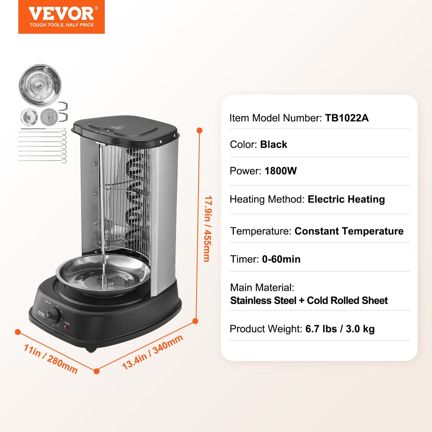 Shawarma Grill Machine, Vertical Chicken Shawarma Cooker Machine Countertop, Electric Stainless Steel Broiler Gyro Rotisserie Oven Doner Kebab Machine, for Home Restaurant Kitchen Parties