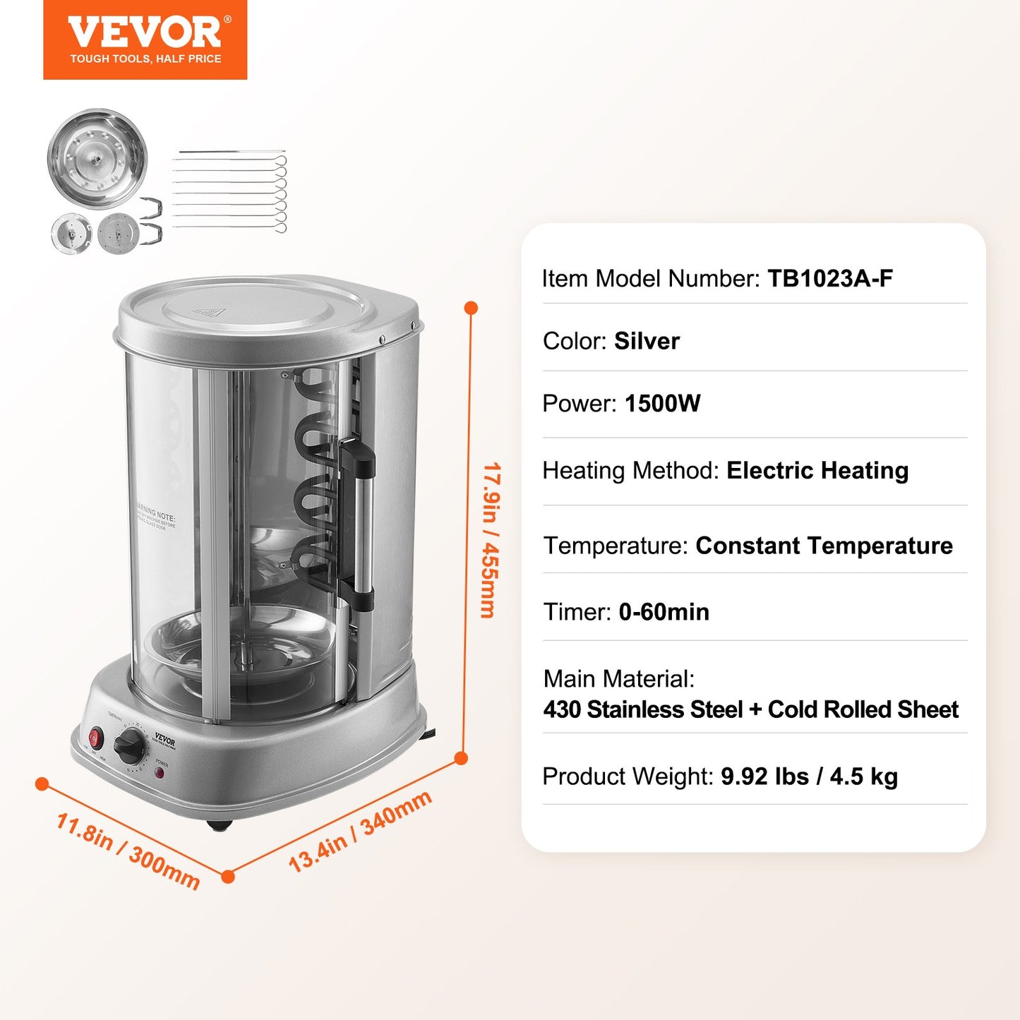 Shawarma Grill Machine, Vertical Chicken Shawarma Cooker Machine Countertop, Electric Stainless Steel Broiler Gyro Rotisserie Oven Doner Kebab Machine, for Home Restaurant Kitchen Parties