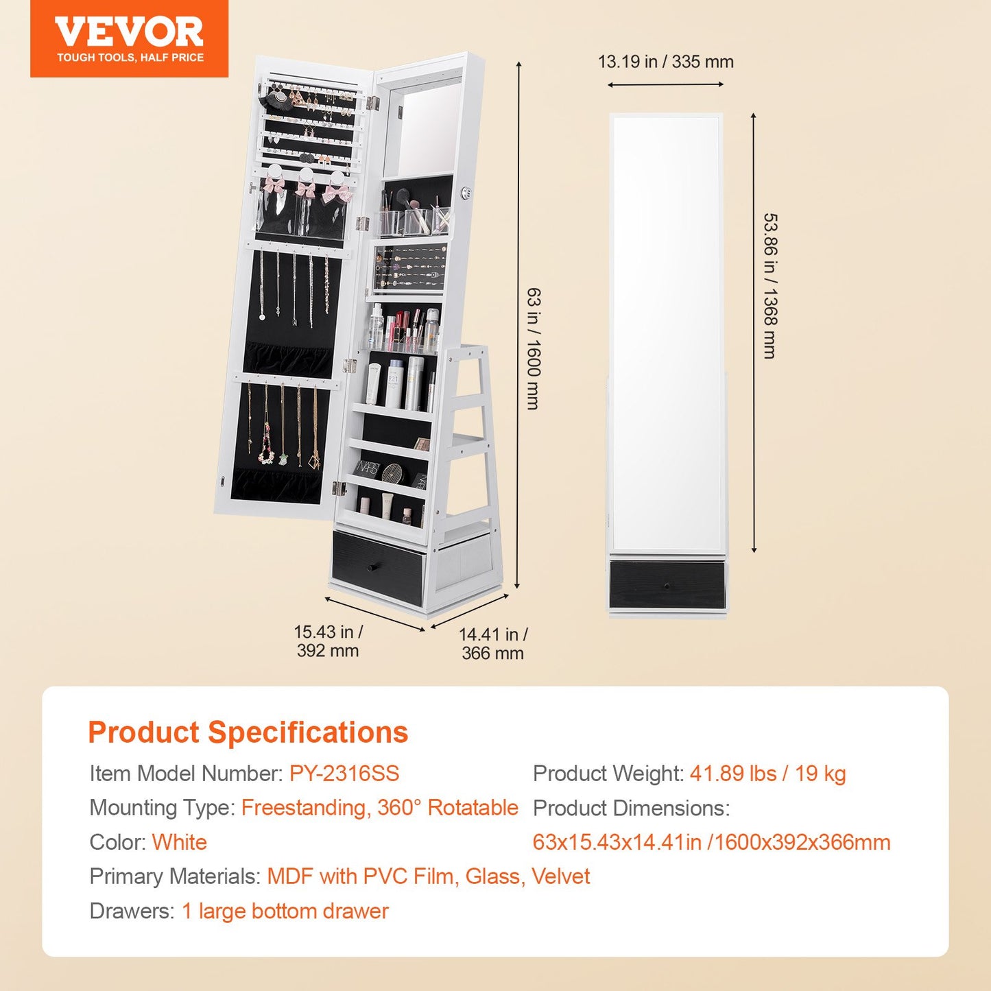 Mirror Jewelry Cabinet, 360° Swivel Standing Mirror with Storage, Lockable Jewelry Mirror Organizer with Full Length Mirror, Velvet Lining, LED Light, Drawer, Freestanding Jewelry Armoire, White