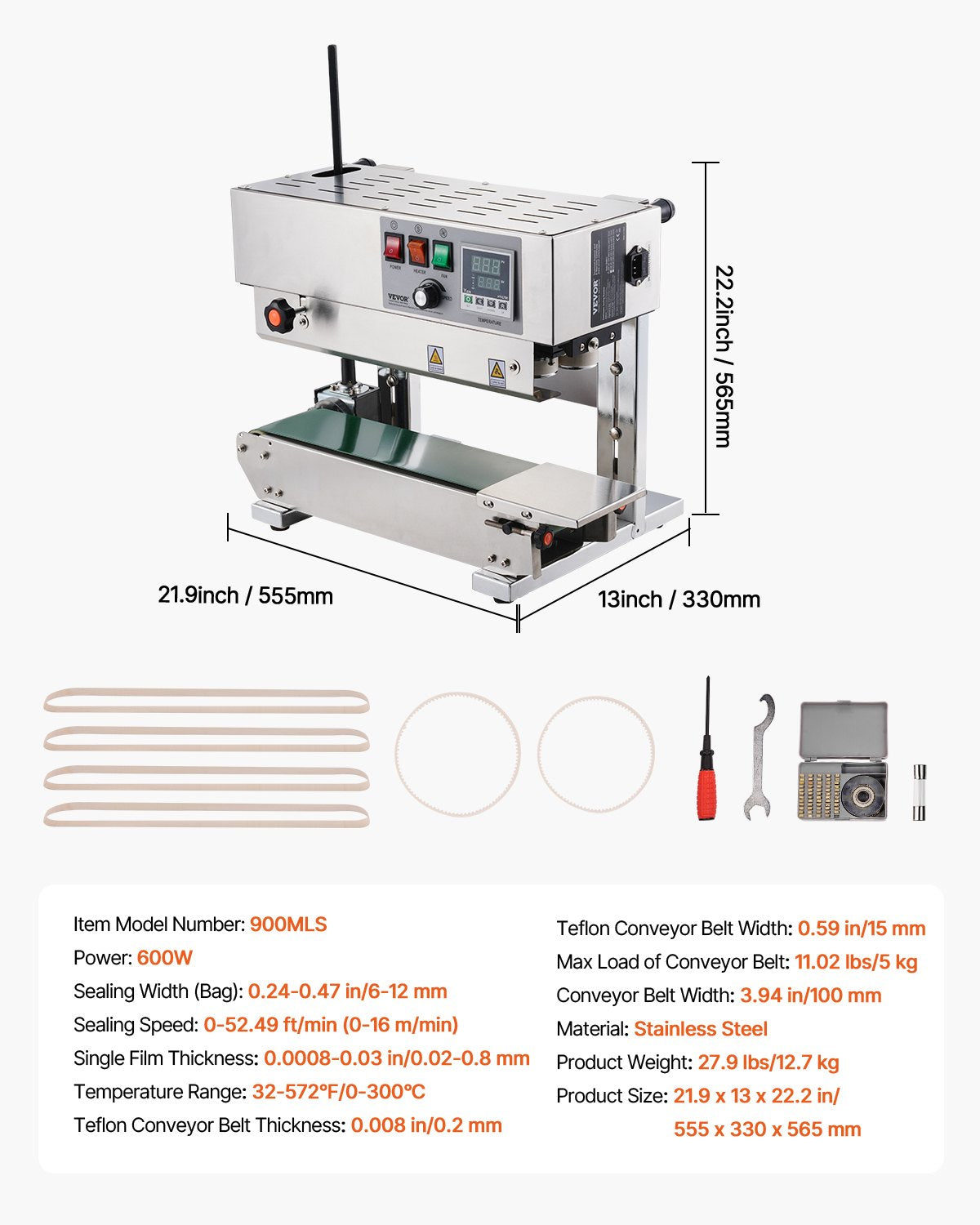 Continuous Bag Band Sealing Machine, 0.24-0.47 in/6-12 mm Seal Width, Vertical Band Sealer Machine with Digital Temperature Control, Stainless Steel Bag Sealer for 0.02-0.8 mm Plastic Bags Films