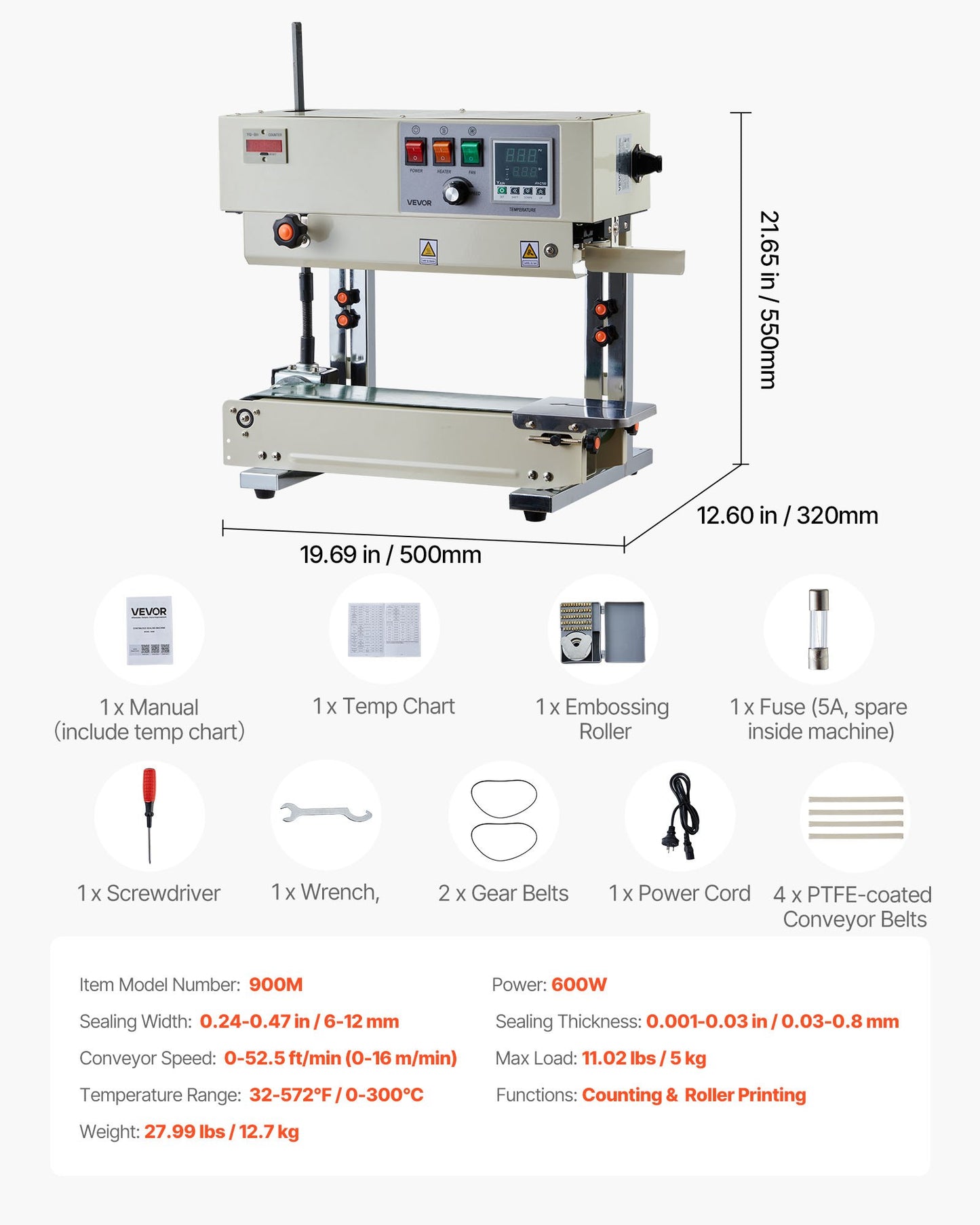 Continuous Bag Band Sealing Machine, 0.24-0.47 in Seal Width, Vertical Band Sealer Machine with Roller Printing , Temp & Speed Adjustable, Heat Sealing Machine for 0.001-0.03 in Plastic Bags