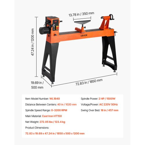 Träbearbetningssvarv 2 hk 18 x 40 tum Träsvarv Variabel hastighet 0-3200 varv/min