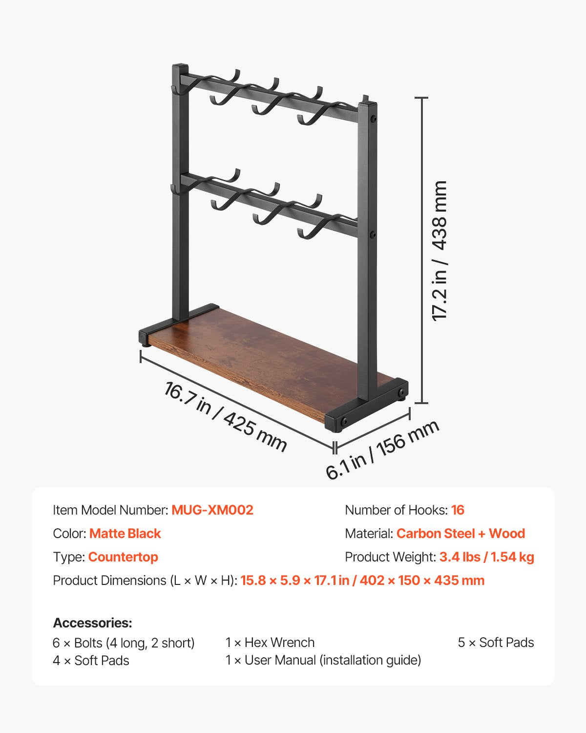 Coffee Mug Holder for Countertop, 16 Hooks Coffee Cup Holder with Storage Base, 2 Tier Mugs Tree Rack Carbon Steel & Wood Mug Display Stand, for Coffee Bar Home Storage and Display (Matte Black)