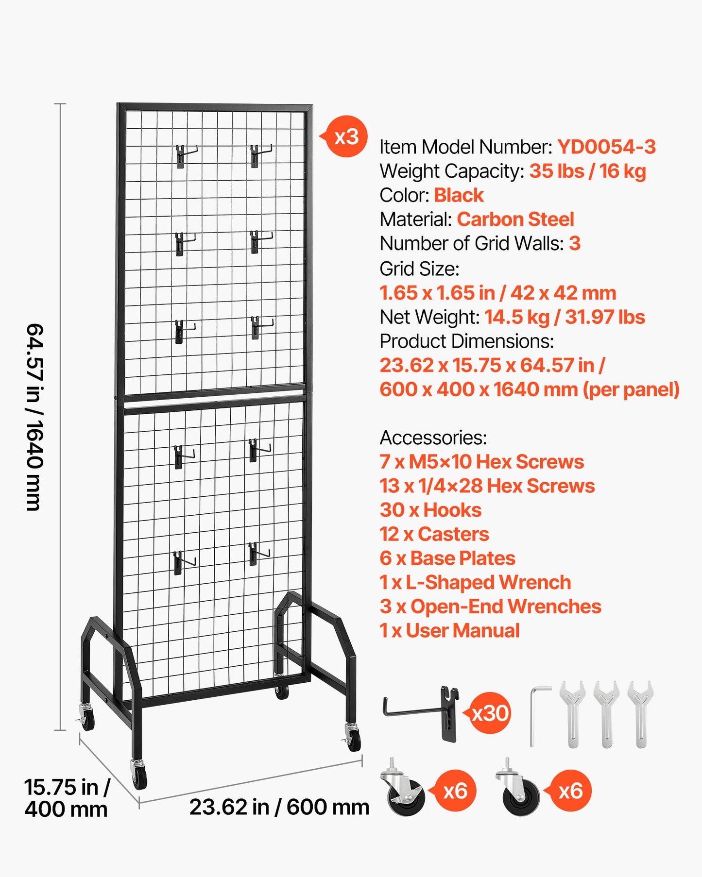 3 Packs Grid Wall Panels, 1.9 x 5.4 ft Wire Grid Panels Display Rack, Movable Art Display Shelf with Wheels and 30 Hooks, Black Carbon Steel Gridwall for Craft Show, Decor, Storage, Notice Board