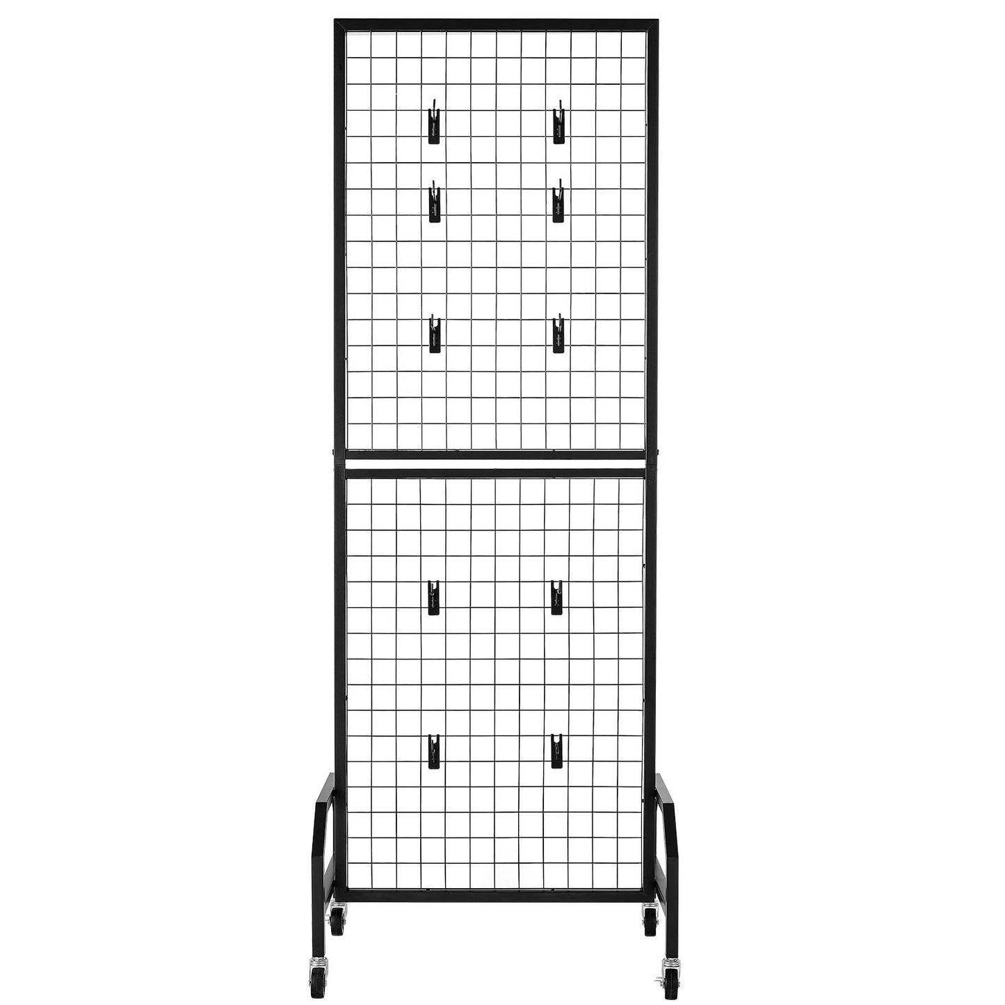 Grid Wall Panel, 1.9 x 5.4 ft Wire Grid Panels Display Rack, Movable Art Display Shelf with Wheels and 10 Hooks, Black Carbon Steel Gridwall for Craft Show, Decoration, Storage, Notice Board