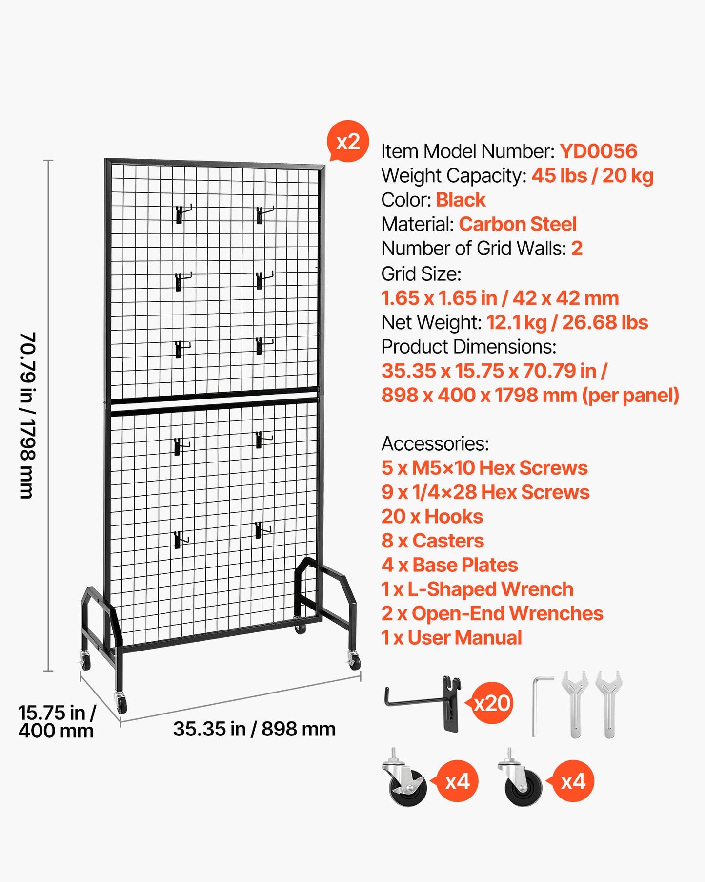 2 Packs Grid Wall Panels, 2.9 x 5.9 ft Wire Grid Panels Display Rack, Movable Art Display Shelf with Wheels and 10 Hooks, Black Carbon Steel Gridwall for Craft Show, Decor, Storage, Notice Board