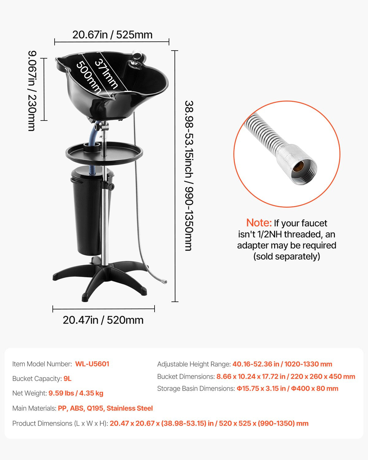 Portable Shampoo Bowl, Deep Shampoo Sink with Adjustable Height & Angle, Washing Hair Station Includes Drain Hose, Shower Head and Bucket, Salon Sink for Home & Barber Use, Black