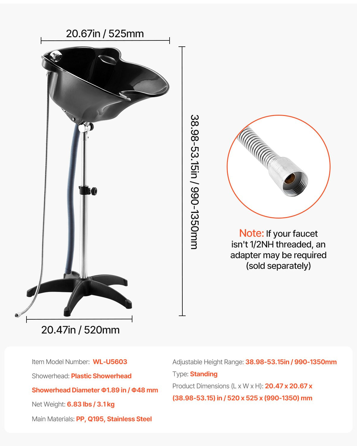 Portable Shampoo Bowl, Deep Shampoo Sink with Adjustable Height & Angle, Includes Drain Hose, Shower Head, Lightweight Hair Wash Basin for Barber Salon Spa Center & Home Use, Black