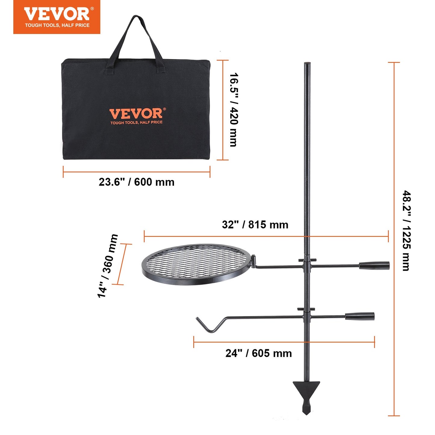 Swivel Campfire Grill, Fire Pit Grill Grate over Fire Pits, Heavy Duty Steel Grill Grates, 360° Adjustable Open Fire Outdoor Cooking Equipment, Portable Camp Fire Racks for Camping Outdoor BBQ