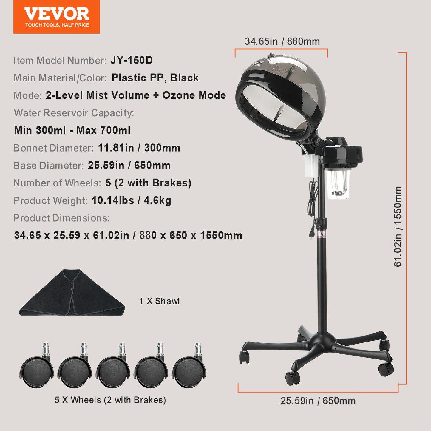 Professional Hair Steamer for Deep Conditioning, 11.81-inch Hooded Ionic Hair Steamer with 2 Modes, Height-Adjustable Standing Hair Steamer with Timer, 5 Wheels (2 Lockable) for Salon Home Spa