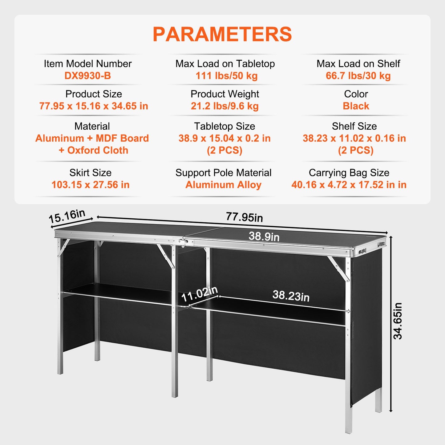 Extra Long Folding Portable Bar Table - Tradeshow Podium Table for Indoor, Outdoor, Party, Picnic, Exhibition, Includes Carrying Case, Storage Shelf and Black Skirt, 77.95" x 15.16" x 34.65"