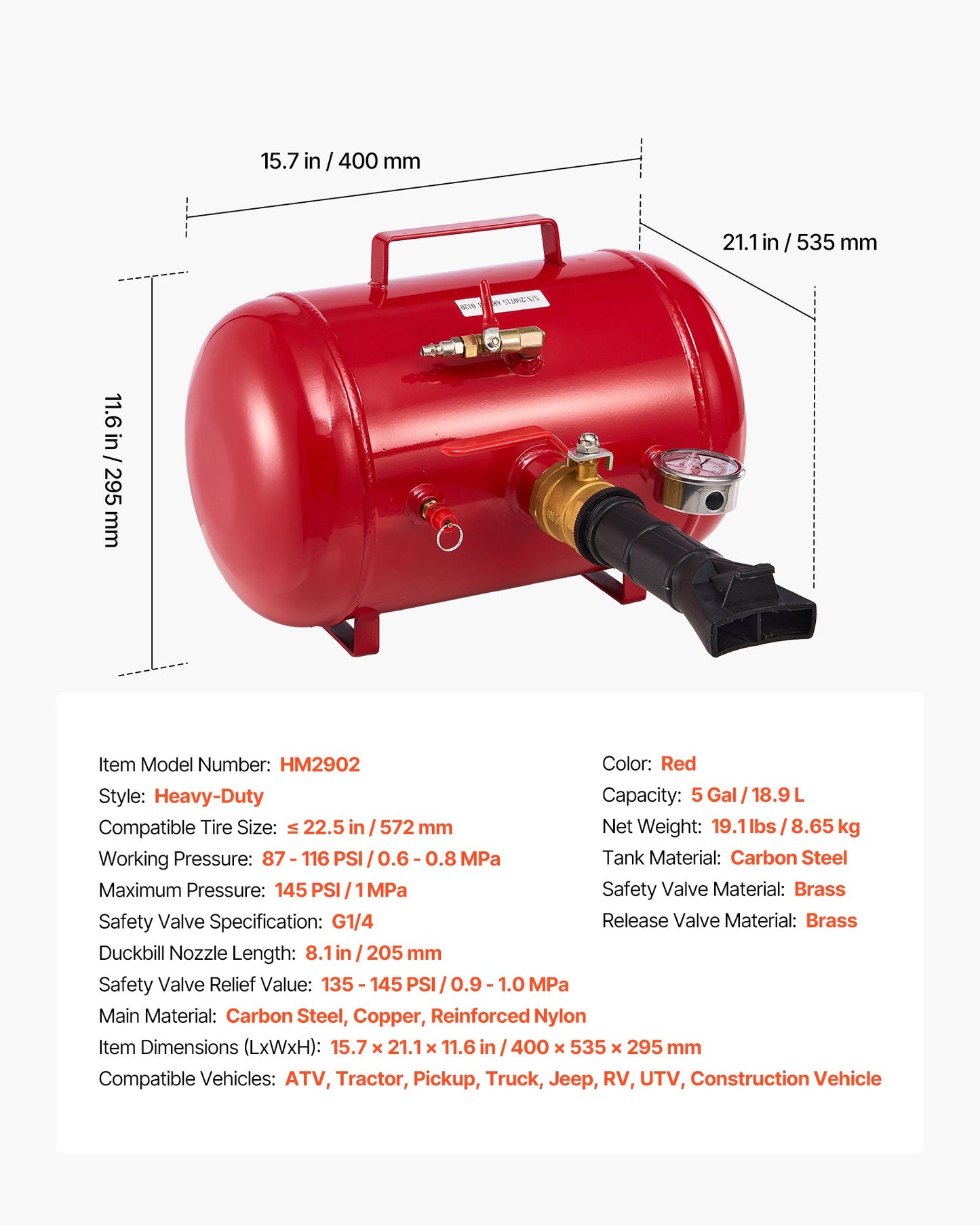 Air Tire Bead Seater, 5 Gal / 18.9 L, Heavy Duty Tire Bead Blaster Tool, 87-116 PSI Operating Pressure, Air Trigger Seating Inflator for Pickup, Truck, ATV, Jeep, Van, Lawn Tractor, RV, Red