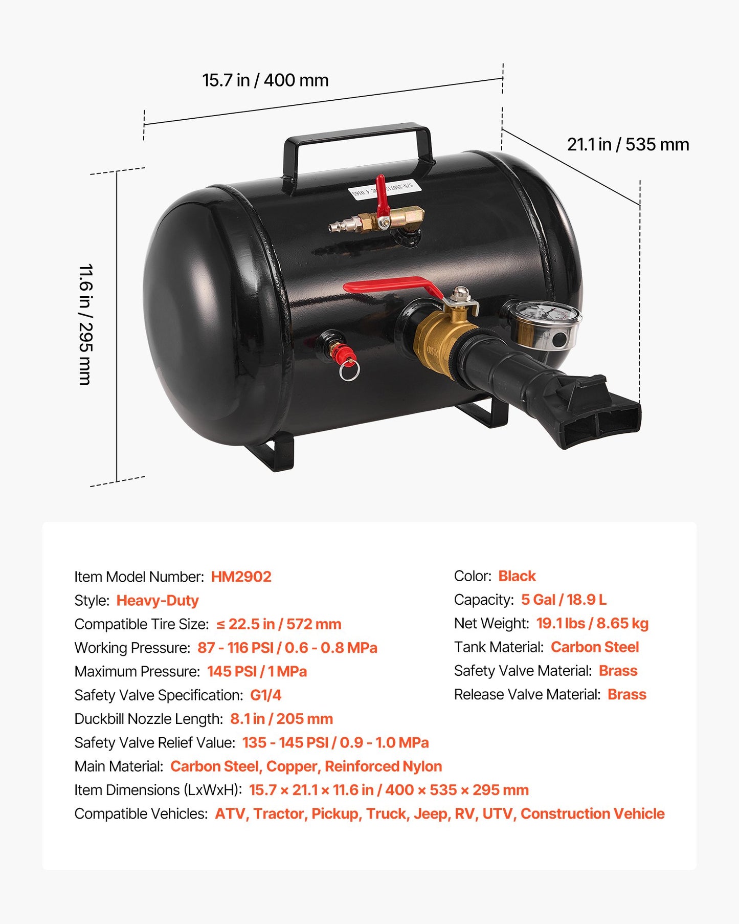 Air Tire Bead Seater, 5 Gal / 18.9 L, Heavy Duty Tire Bead Blaster Tool, 87-116 PSI Operating Pressure, Air Trigger Seating Inflator for Pickup, Truck, ATV, Jeep, Van, Lawn Tractor, RV, Black