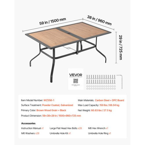 Matbord för utomhusbruk, 150 cm långt rektangulärt bistrobord i träliknande stål för 4-6 personer, med 38 mm paraplyhål, stora vädertåliga möbler för gräsmatta/veranda, brunt | EU
