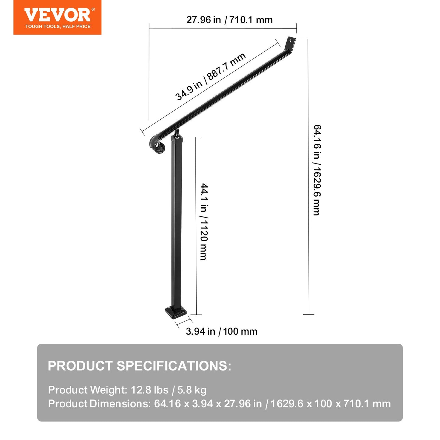 Handrails for Outdoor Steps 2-3 Step Railings Wrought Iron Handrail Stair Railings for Steps Black Iron Railings for Steps Wall and Floor Mounted with Installation Kit