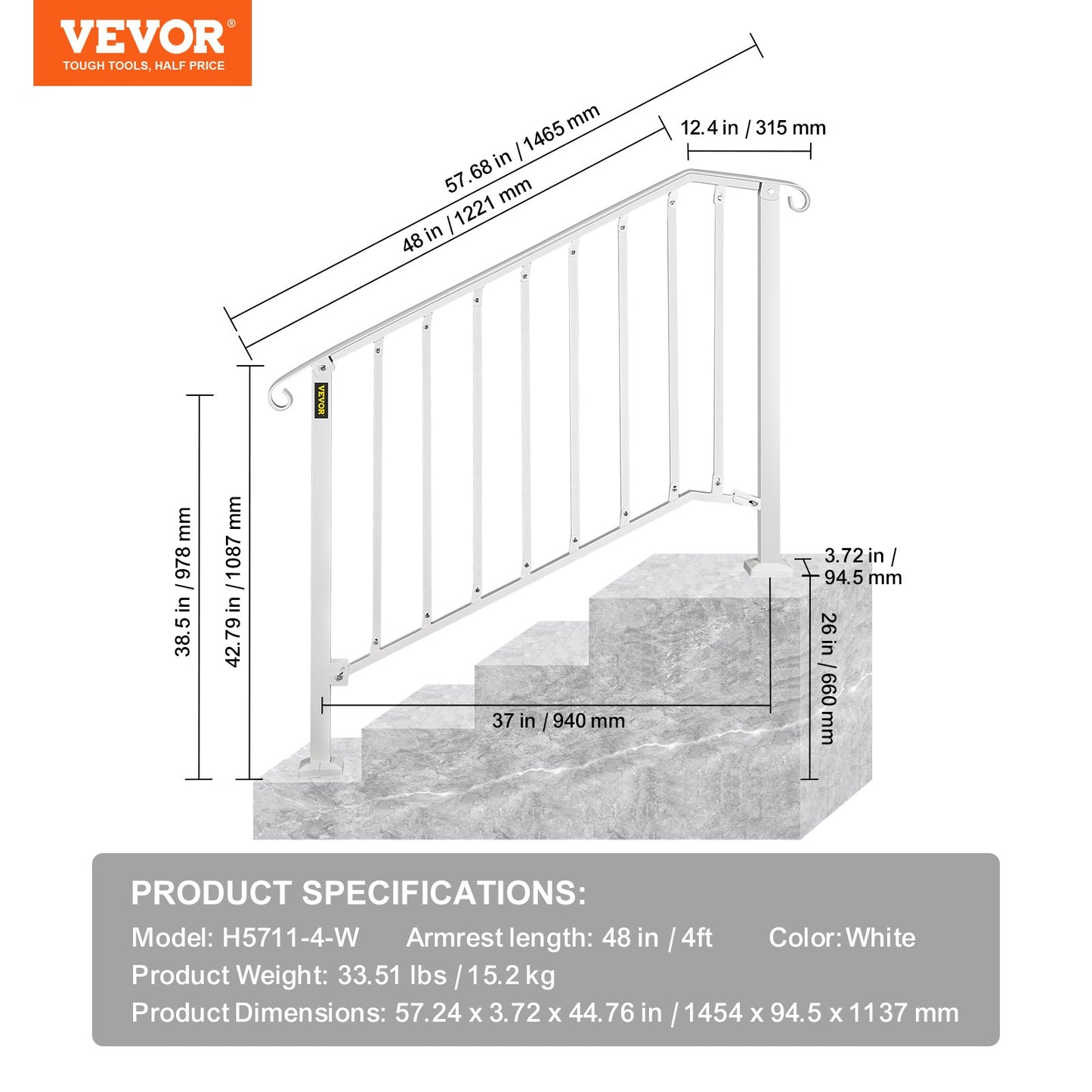Fit 3 or 4 Steps Outdoor Stair Railing, Handrails for Outdoor Steps, Picket#3 Wrought Iron Handrail, Flexible Porch Railing, White Transitional Handrails for Concrete Steps or Wooden Stairs