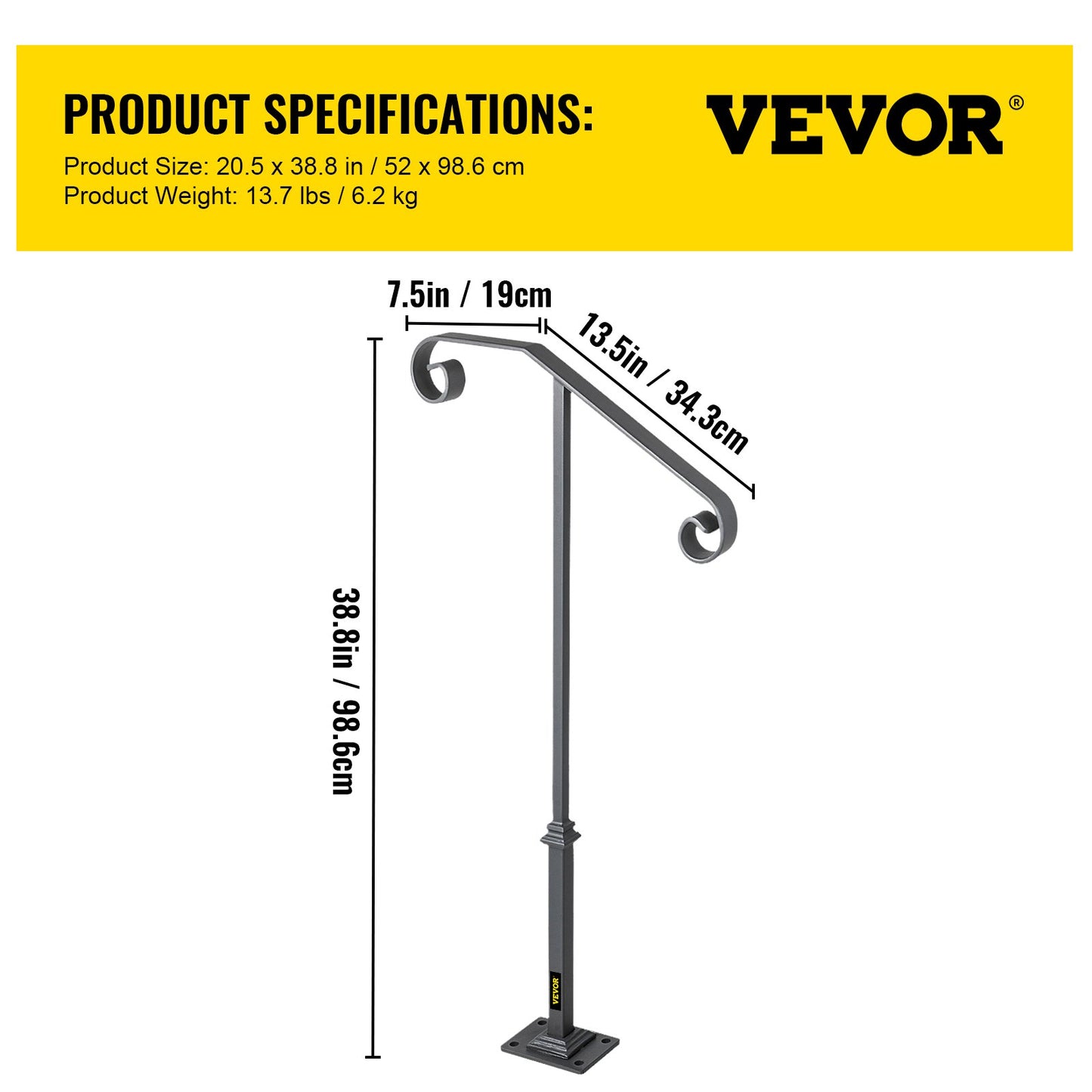 Handrails for Outdoor Steps, Fit 1 or 2 Steps Outdoor Stair Railing, Single Post Wrought Iron Handrail, Gray Transitional Porch Railings for Concrete Steps or Wooden Stairs with Base
