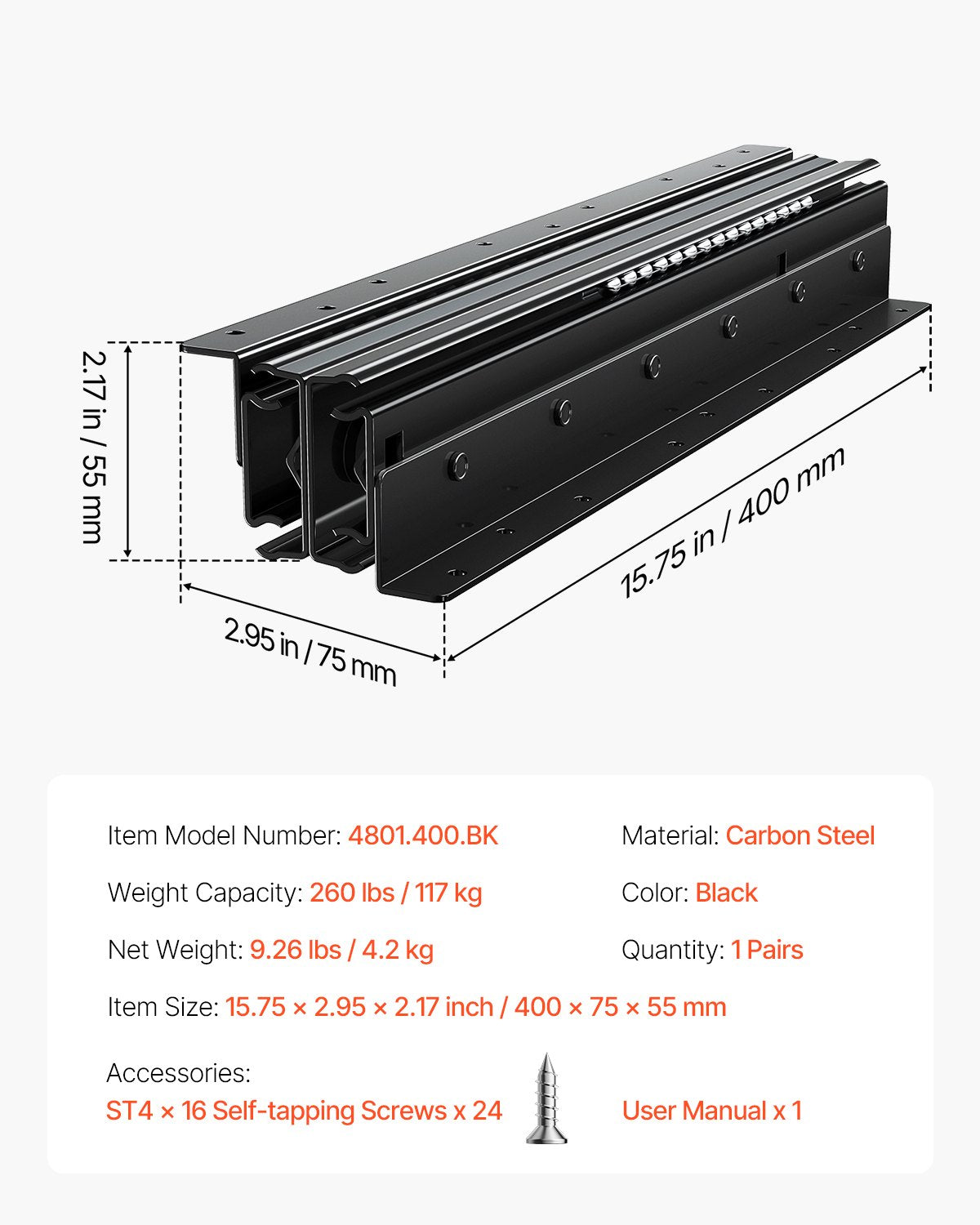 Undermount Drawer Slides, 16 inch, Full Extension Ball Bearing Under Stair Cabinet Rails, 260 LB Load Capacity Heavy Duty Bottom Stair Cabinet Glides Track Runners,for DIY Replacement, Black