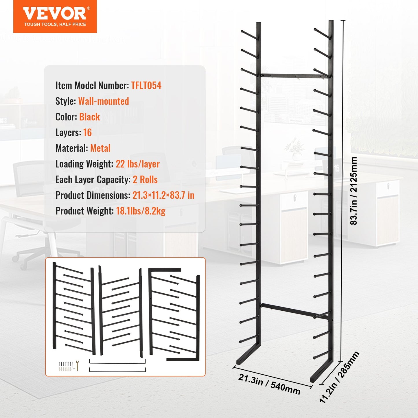 Blueprint Storage Rack, Hanging Poster Display Rack 16-Tier, Vertical Blueprint Roll File Holder 2 Rolls/tire, Roll File Storage Rack for Blueprint Map Poster