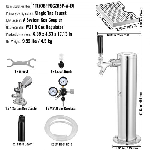 Kegerator Tower Kit, konverteringskit för öl med en tapp, öltornsdispenser i rostfritt stål med dubbel mätare, W21.8-regulator och A-System-fatkoppling, droppbricka för öl för fester och hem. | EU