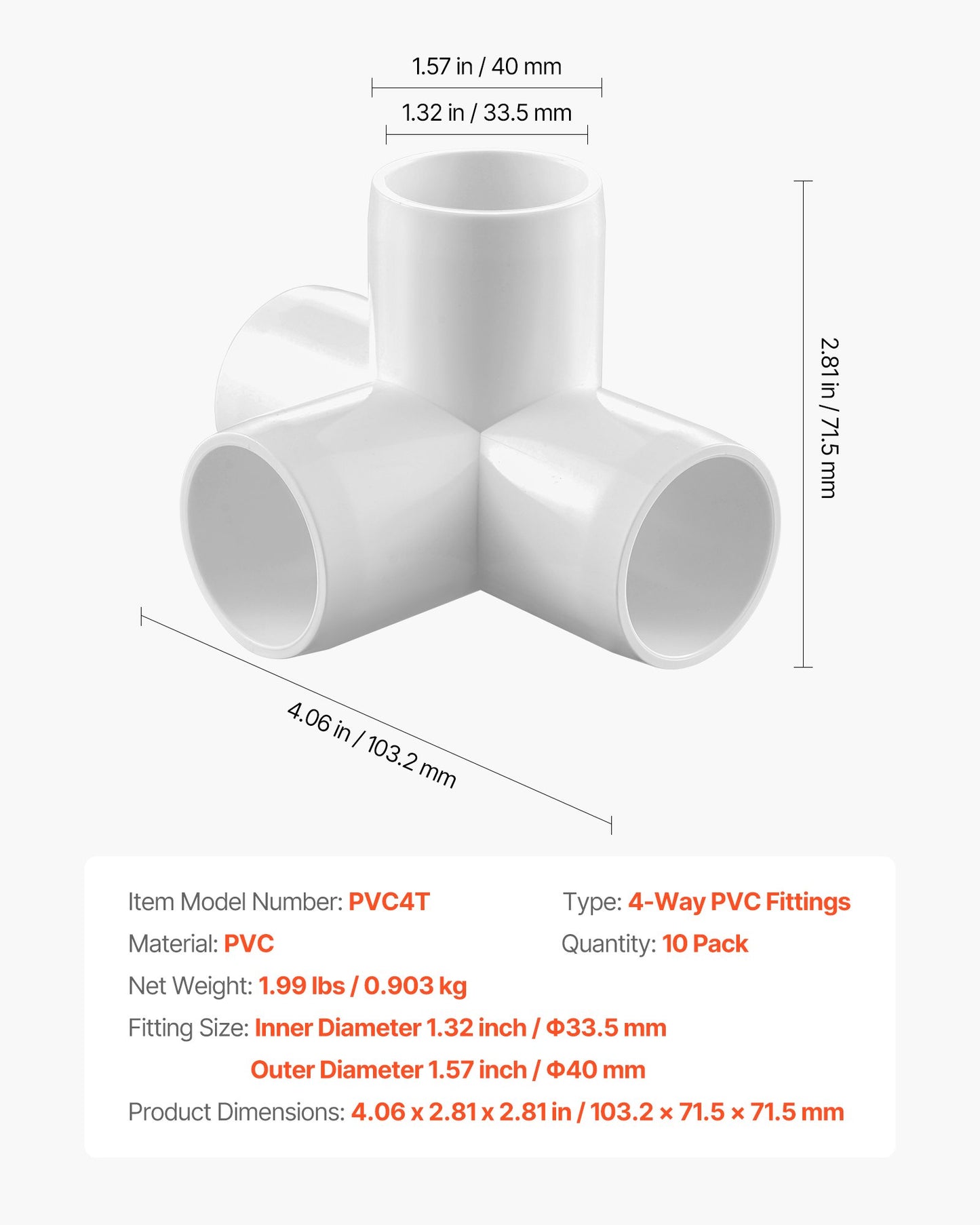 4-Way PVC Fittings, 1-inch PVC Pipe Joints Elbow Connector, 10-Pack Furniture Grade Pipe Corner Connectors for DIY Storage Rack, Animal Cage, Garden Support Frame, Impact & Weather-Resistant