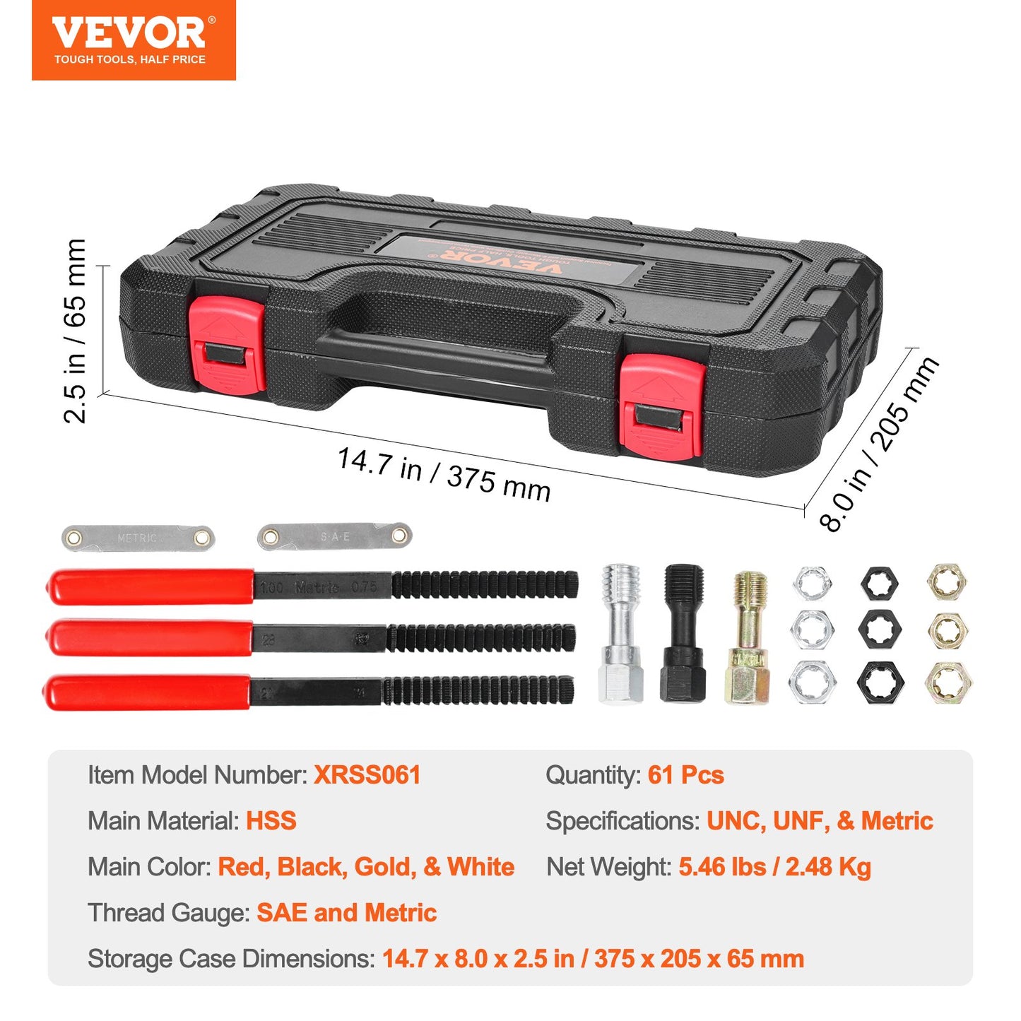 61-Piece Thread Chaser Set, UNC UNF and Metric Thread Restorer Tool, Rethreading Tool Kit with 28 Taps 28 Dies 3 Thread Files Storage Case, Heat Treated Steel, for Mechanics DIY Enthusiasts