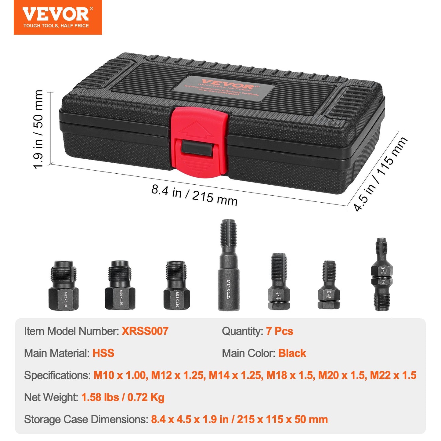 7-Piece Thread Chaser Set, Metric Thread Restorer Tool M10 M12 M14 M18 M20 M22, Rethreading Tool Kit with Storage Case, Heat Treated Carbon Steel, for Automotive Thread Repair Applications