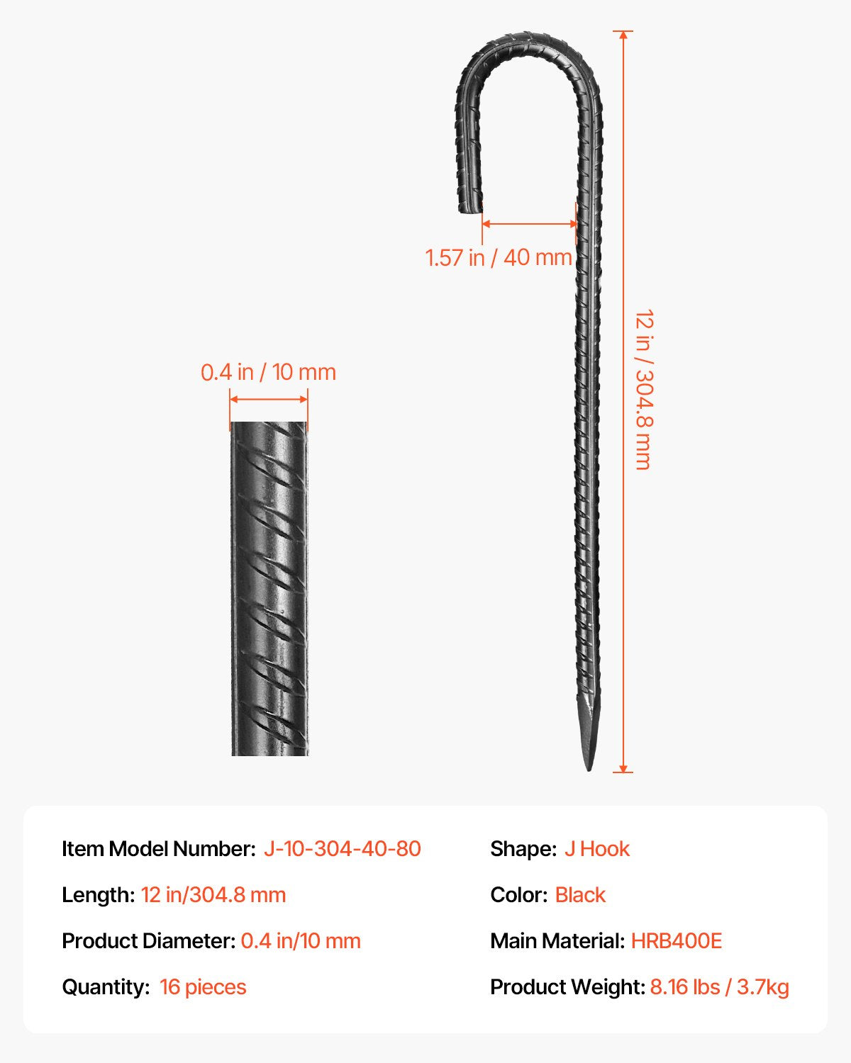 Rebar Stakes, 12-Inch, Heavy-Duty 0.4 in Diameter J Hook, Galvanized Steel Ground Anchors with Chisel Point End & Rust-Resistant Coating, for Gardening Support, Fence, Camping Tents (16-Pack)