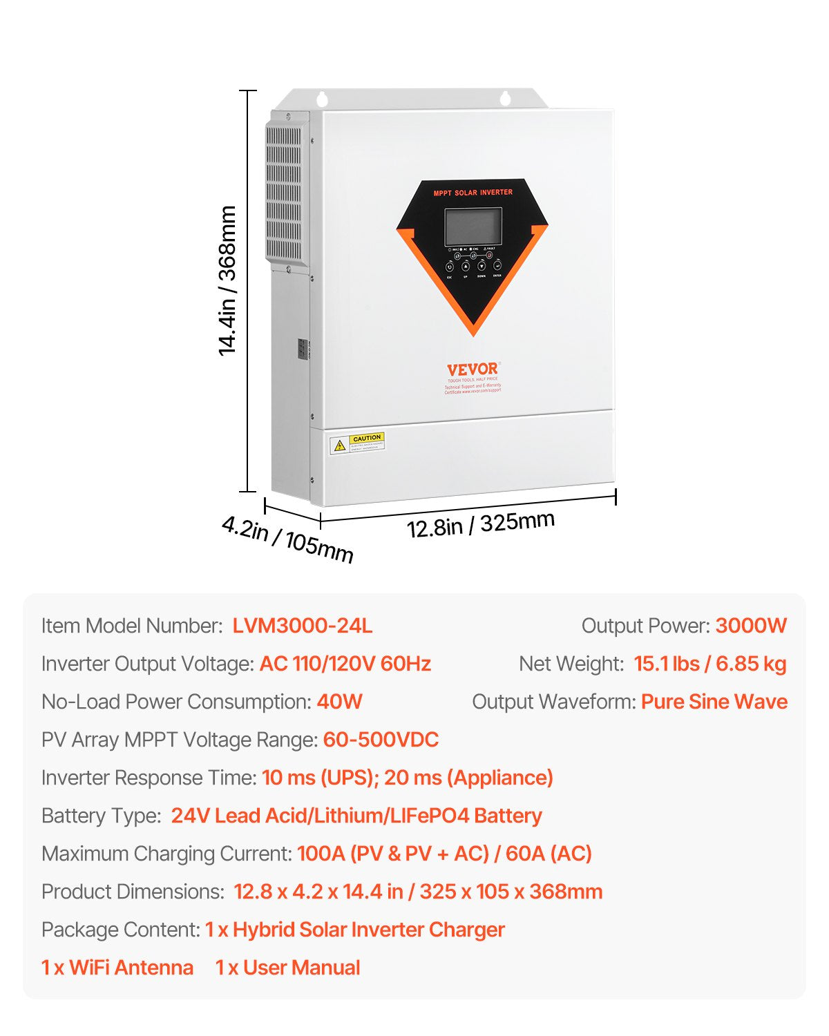 Hybrid Solar Inverter, 3000W, All in One Pure Sine Wave Power Inverter Charger, 24V DC to 110/120V AC, with Built-in 100A MPPT Solar Controller, for Off-Grid System Lead Acid Lithium Battery