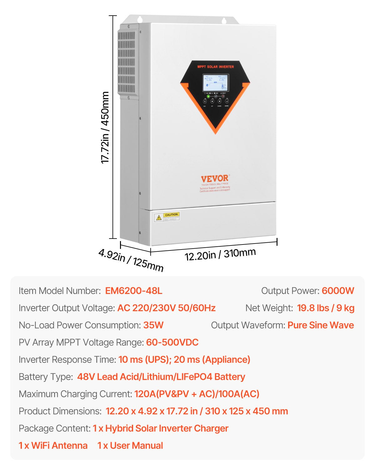 Hybrid Solar Inverter, 6000W, All in One Pure Sine Wave Power Inverter Charger, 48V DC to Single-Phase 220/230V AC, with Built-in 120A MPPT Solar Controller, for Off-Grid System Lead Acid Lithium Battery