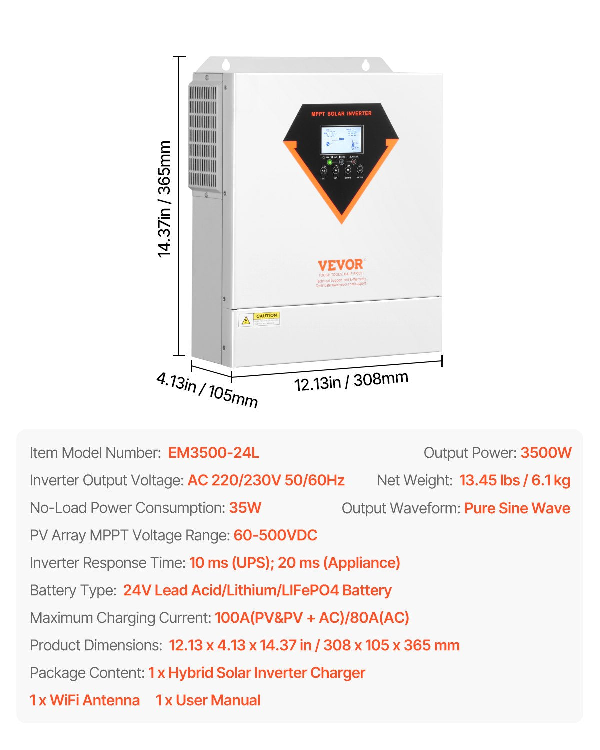 Hybrid Solar Inverter, 3500W, All in One Pure Sine Wave Power Inverter Charger, 24V DC to Single-Phase 220/230V AC, with Built-in 100A MPPT Solar Controller, for Off-Grid System Lead Acid Lithium Battery