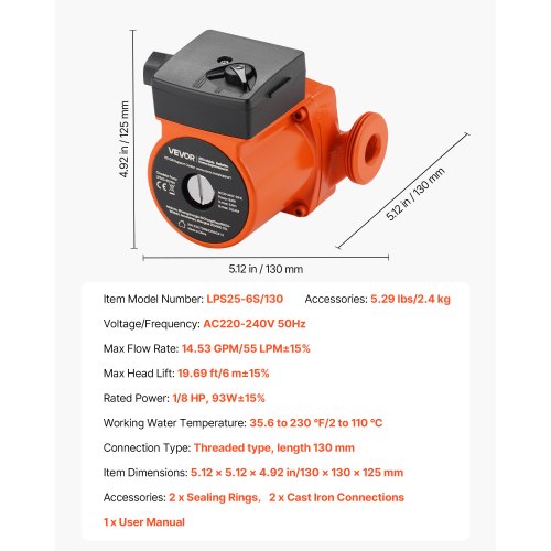 LPS25-6S/130 Gjutjärnscirkulationspump, 1/8 hk, 220-240V 55 l/min varmvattencirkulationspump, gängad anslutning, 3-växlad justering, tyst drift, för värmesystem i hemmet | EU
