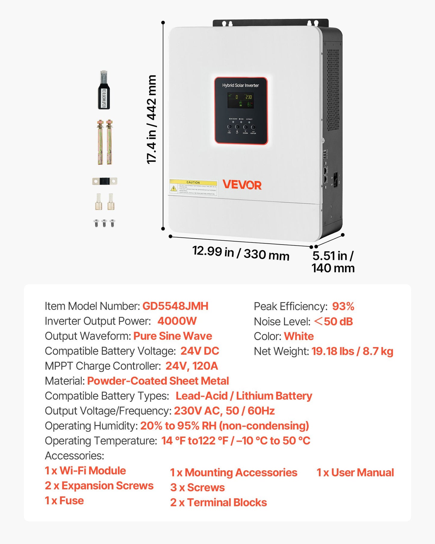 4000W Hybrid Solar Inverter, 24V DC to 230V AC, Pure Sine Wave Power Inverter Charger, with Built-in 120A MPPT Solar Controller, WiFi Module, Single-Phase, for Lead Acid Lithium Battery Off-Grid
