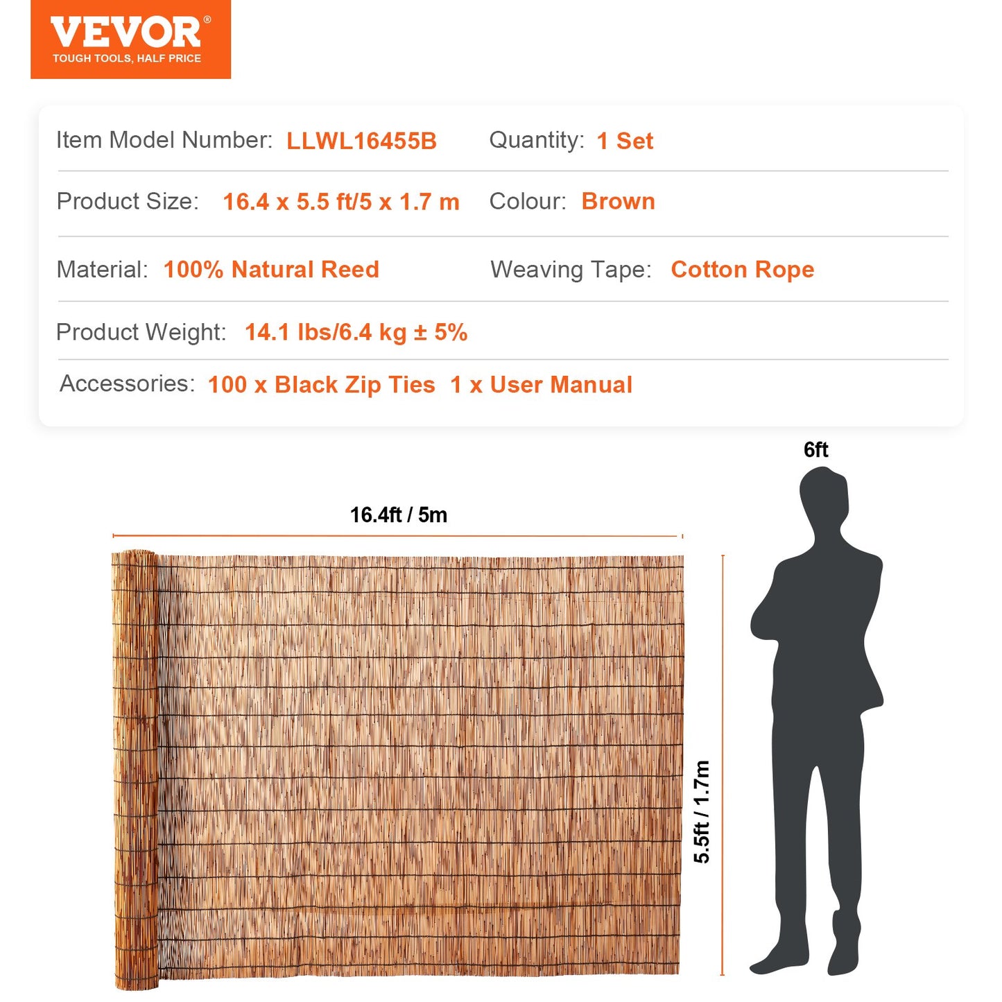 Natural Reed Fencing, 5.5 ft x 16.4 ft, Reed Screen Curtain Balcony Reed Fence Roll for Outdoor Backyard Patio, Decorative Fence for Backyard Garden Fencing Divider, Privacy Screen Panel, Brown