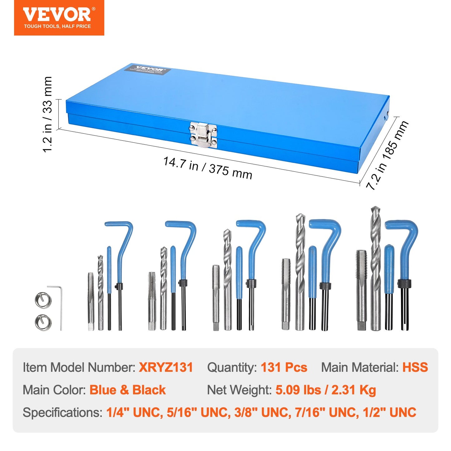 Helicoil Thread Repair Kit, 131-Piece SAE HSS Drill Helicoil Repair Kit, 1/4" 5/16" 3/8" 7/16" 1/2"UNC Rethreading Tool Kit with Drill Bits Thread Inserts Taps Breakoff Installation Tools