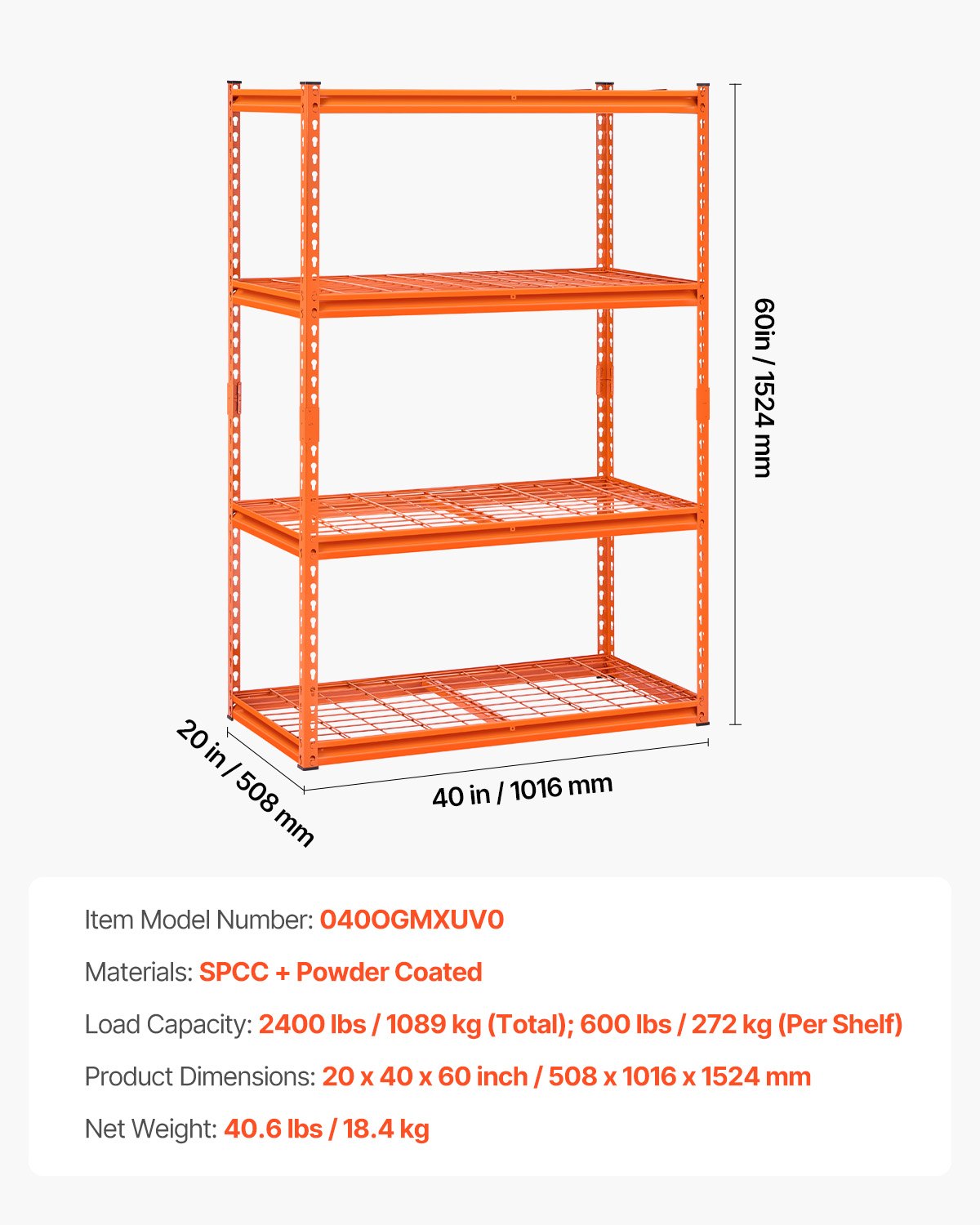 Storage Shelves, 2400 lbs, 4 Tier Heavy Duty Garage Shelving, 20" D x 40" W x 60" H Adjustable Metal Shelves for Industrial Shelving Unit Utility Shelf, for Kitchen, Warehouse, Basement, Orange