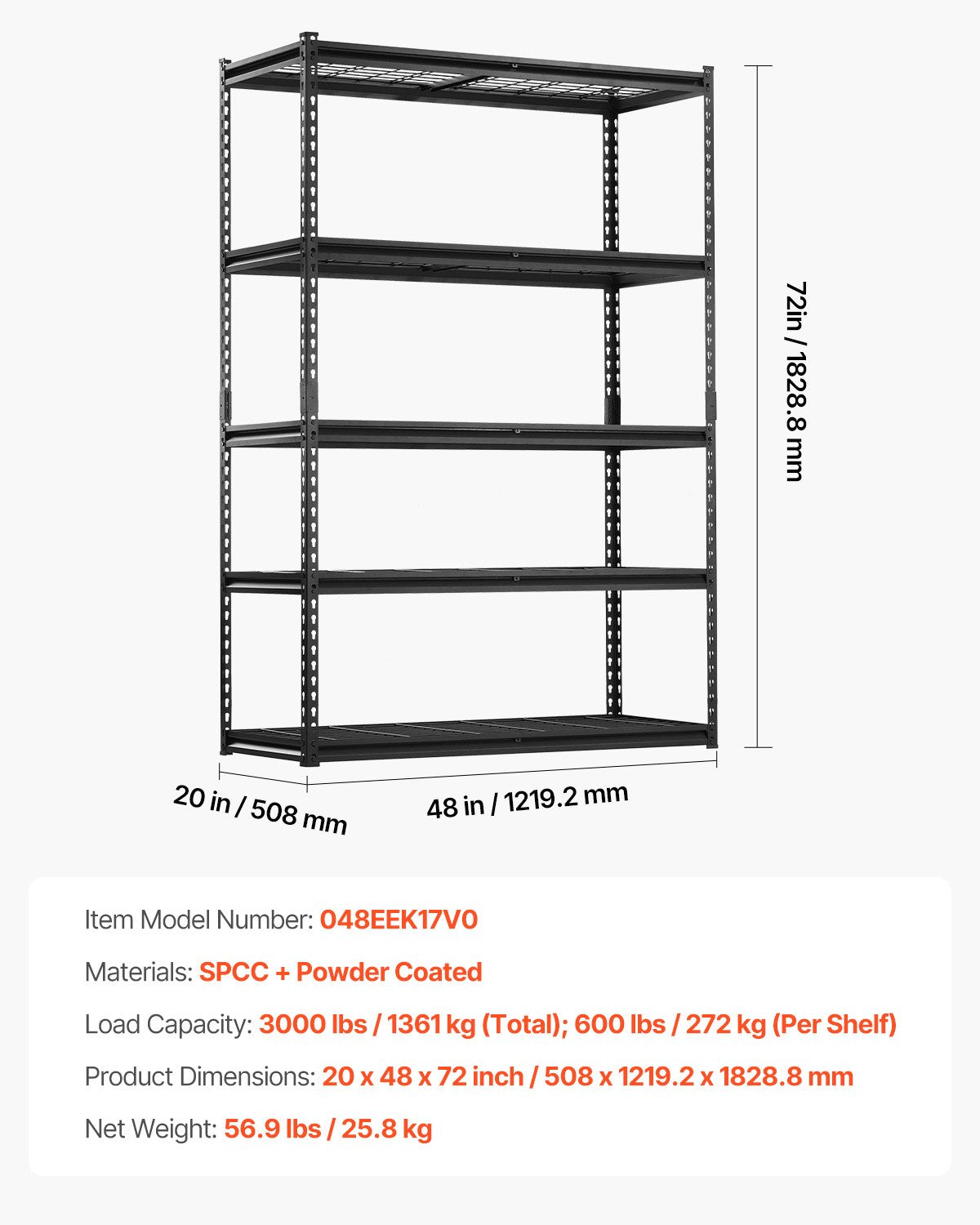 Storage Shelves, 3000 lbs, 5 Tier Heavy Duty Garage Shelving, 20" D x 48" W x 72" H Adjustable Metal Shelves for Industrial Shelving Unit Utility Shelf, for Kitchen, Warehouse, Basement, Black