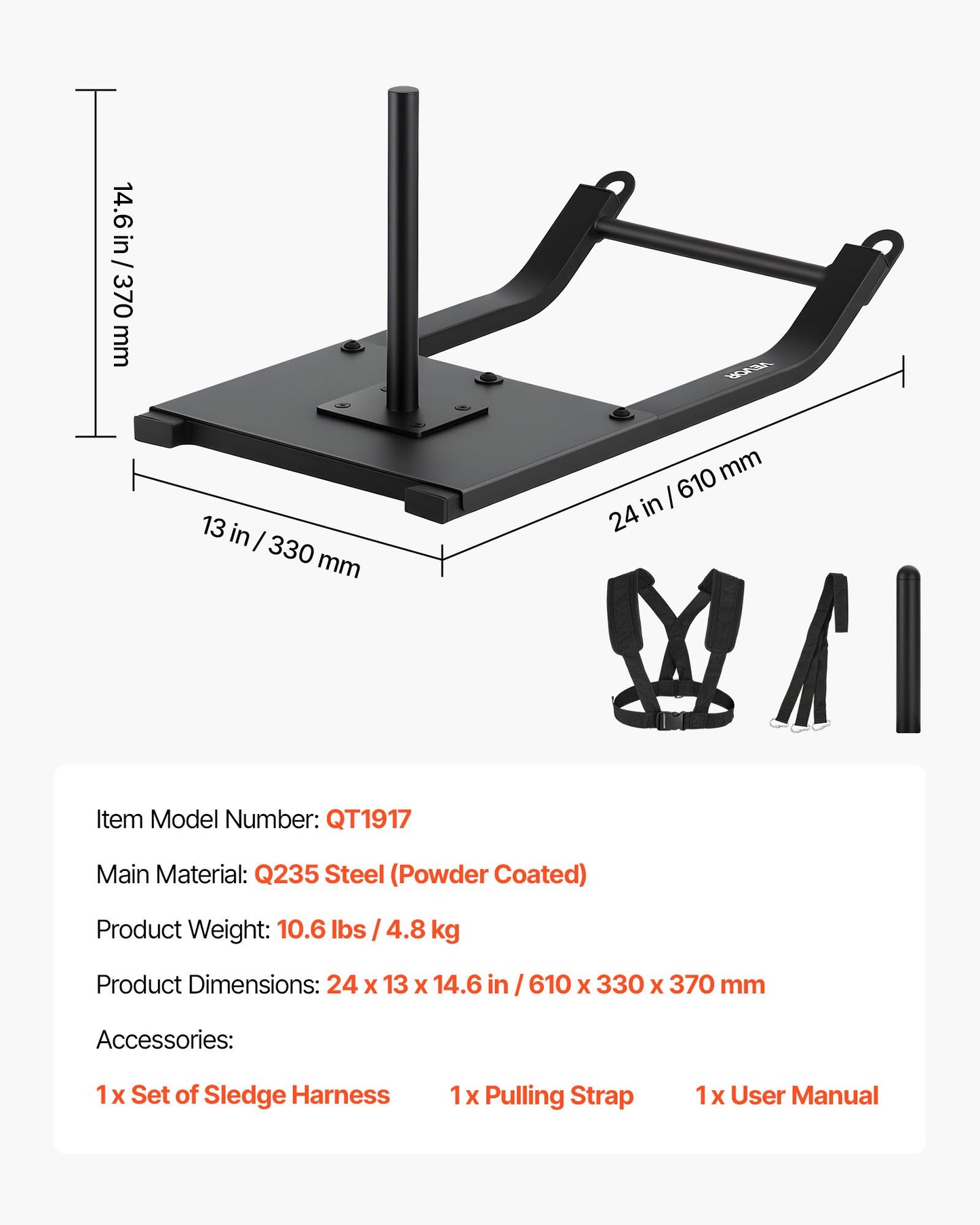 Weight Sled, Steel Power Sled, Fitness Strength Training Sleds for Athletic Exercise Speed Improvement, Workout Fitness Equipment with Harness, Compatible with 1/2 in Weight Plates, Black