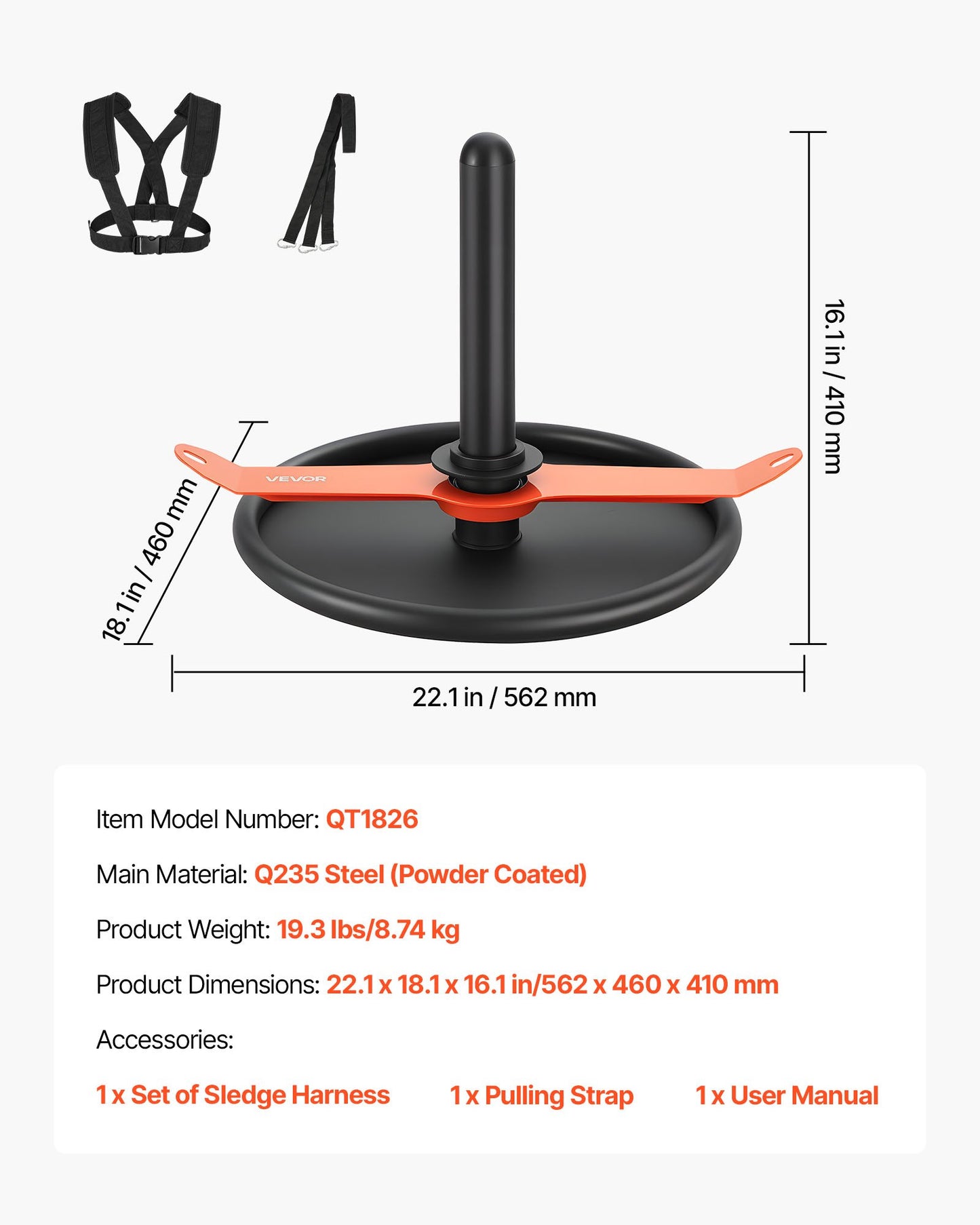 Weight Sled, Steel Power Sled, Fitness Strength Training Sleds for Athletic Exercise Speed Improvement, Workout Fitness Equipment with Harness, Compatible with 2 in Weight Plate, Orange & Black