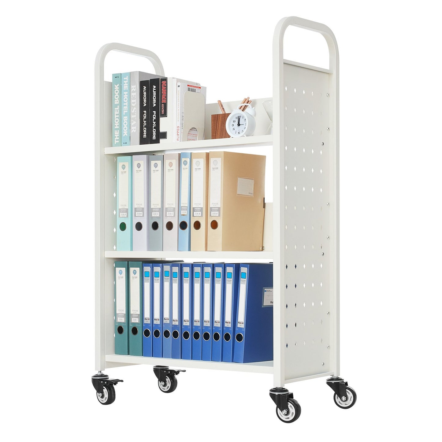 Rolling Library Book Cart, 330 lbs Capacity, 30.3 x 15 x 48.0-Inch Library Cart, Single Sided L-Shaped Shelves with 3-Inch Lockable Wheels, Book Truck for Home Shelves Office and School, White