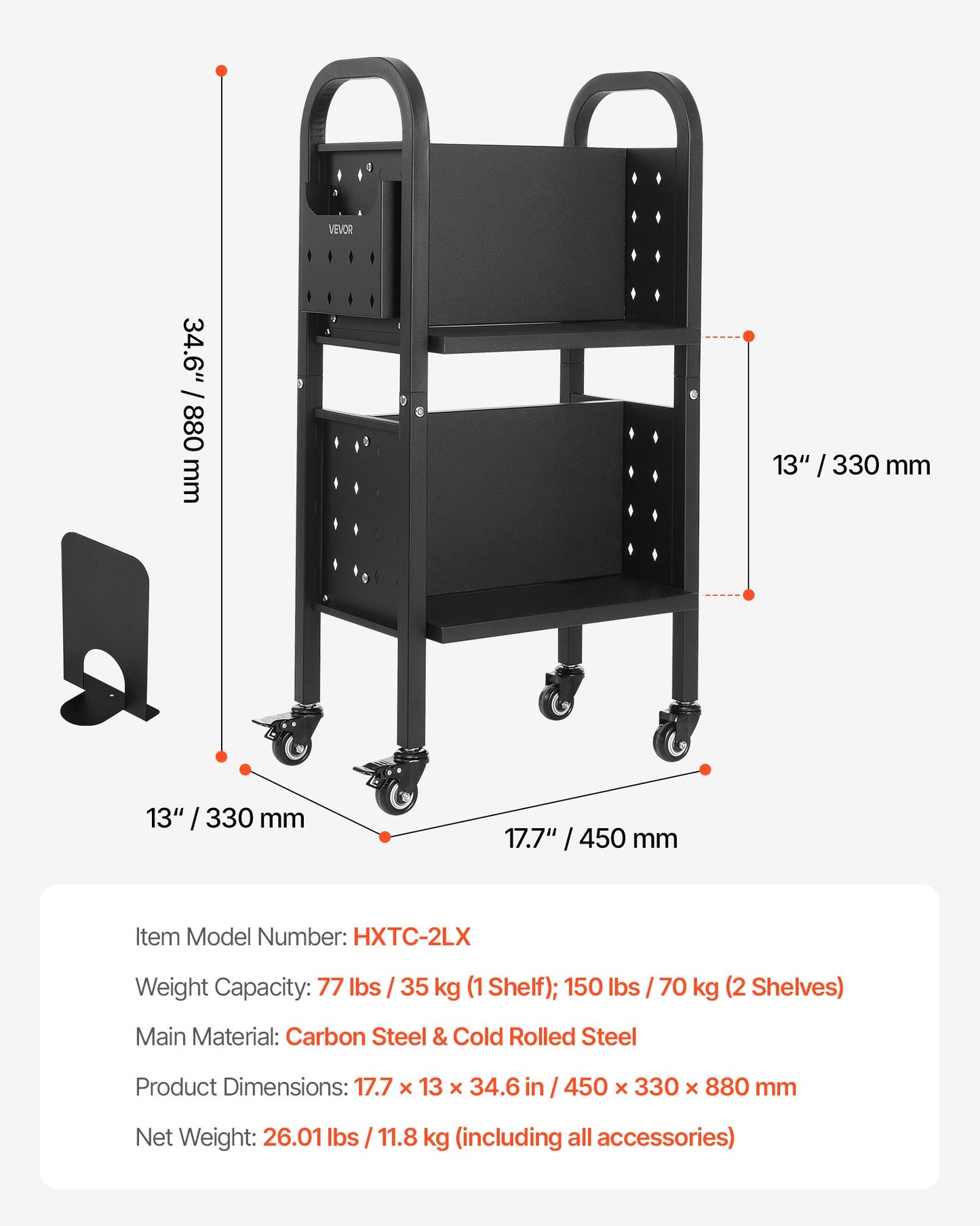Rolling Library Book Cart, 150 lbs Capacity, 17.7 x 13.0 x 34.6-Inch Library Cart, Double Sided L-Shaped Shelves with 2-Inch Lockable Wheels, Book Truck for Home Shelves Office and School, Black