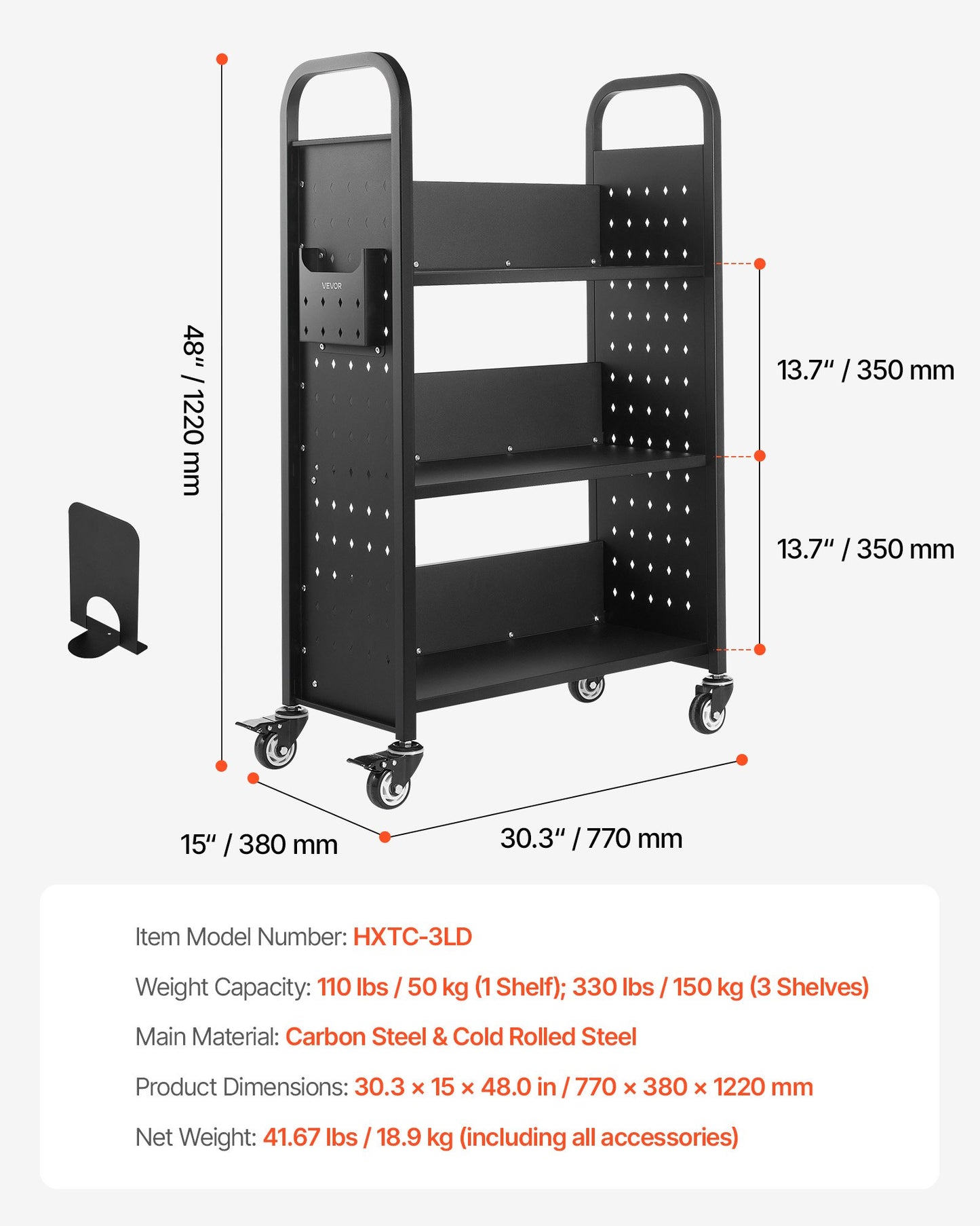Rolling Library Book Cart, 330 lbs Capacity, 30.3 x 15 x 48.0-Inch Library Cart, Single Sided L-Shaped Shelves with 3-Inch Lockable Wheels, Book Truck for Home Shelves Office and School, Black