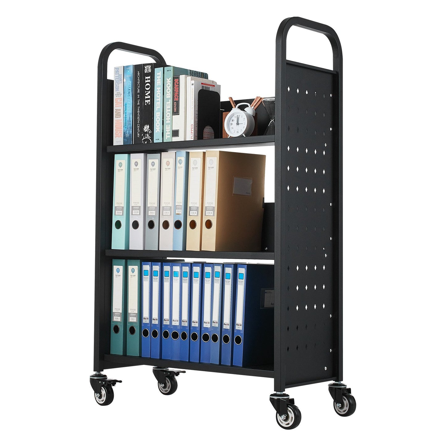Rolling Library Book Cart, 330 lbs Capacity, 30.3 x 15 x 48.0-Inch Library Cart, Single Sided L-Shaped Shelves with 3-Inch Lockable Wheels, Book Truck for Home Shelves Office and School, Black