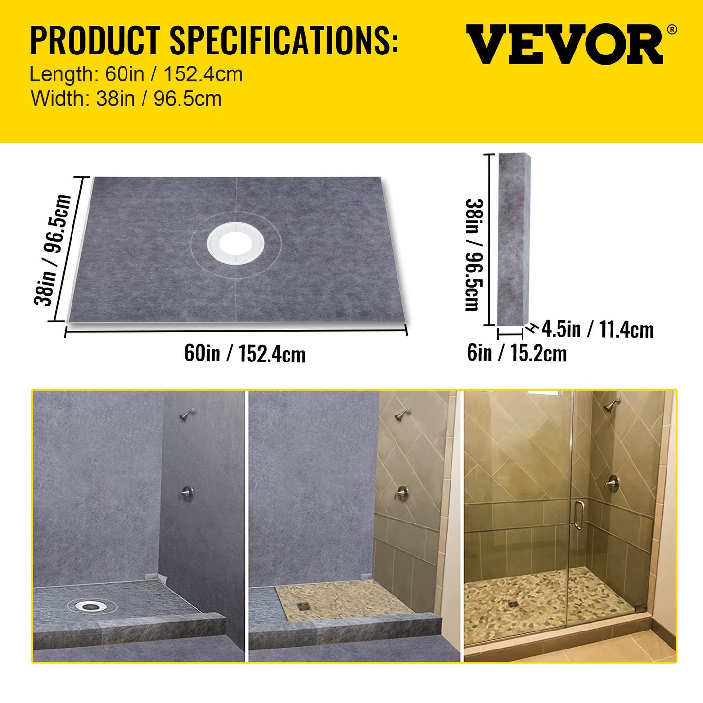 Shower Curb Kit, 38\"x60\" Watertight Shower Curb Overlay with 4\" ABS Central Bonding Flange, 4\" Stainless Steel Grate, 2 Cuttable Shower Curb and Trowel, Shower Pan Slope Sticks Fit for Bathr