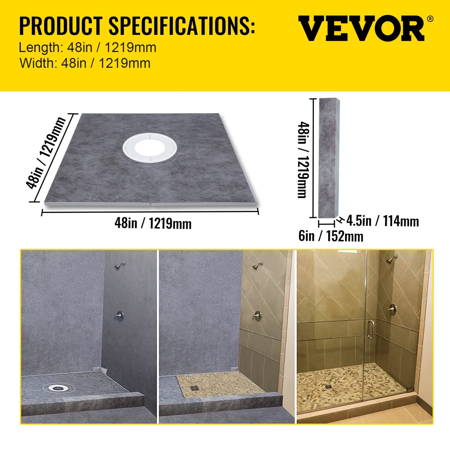 Shower Curb Kit, 48\"x48\" Watertight Shower Curb Overlay with 4\" PVC Central Bonding Flange, 4\" Stainless Steel Grate, 2 Cuttable Shower Curb and Trowel, Shower Pan Slope Sticks Fit for Bathr