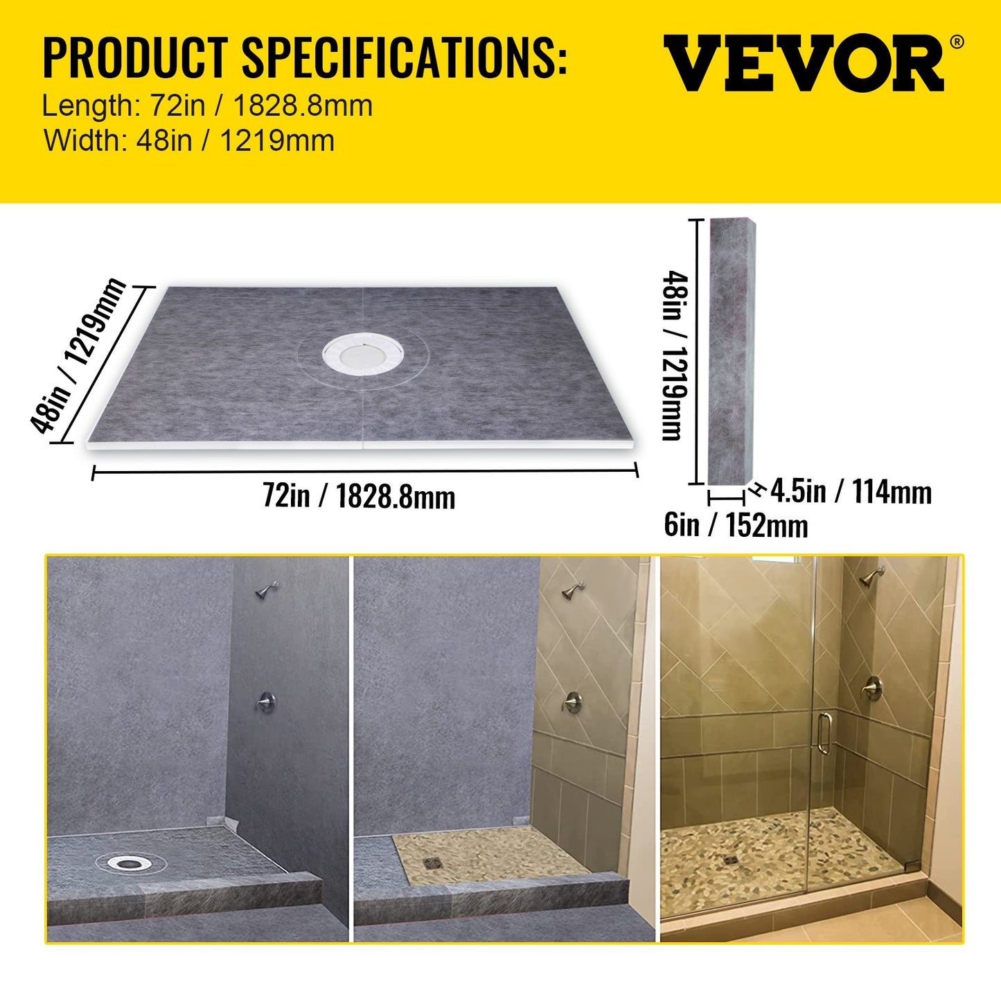 Shower Curb Kit, 48\"x72\" Watertight Shower Curb Overlay with 4\" PVC Central Bonding Flange, 4\" Stainless Steel Grate, 2 Cuttable Shower Curb and Trowel, Shower Pan Slope Sticks Fit for Bathr